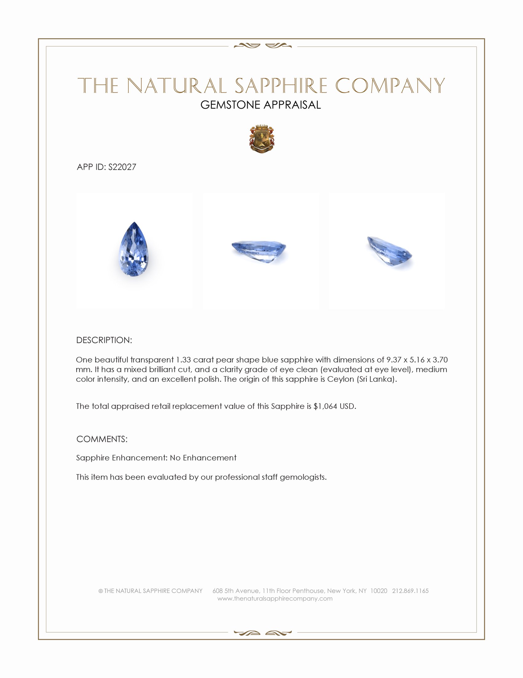 1.33 Ct. Blue Sapphire from Ceylon (Sri Lanka)