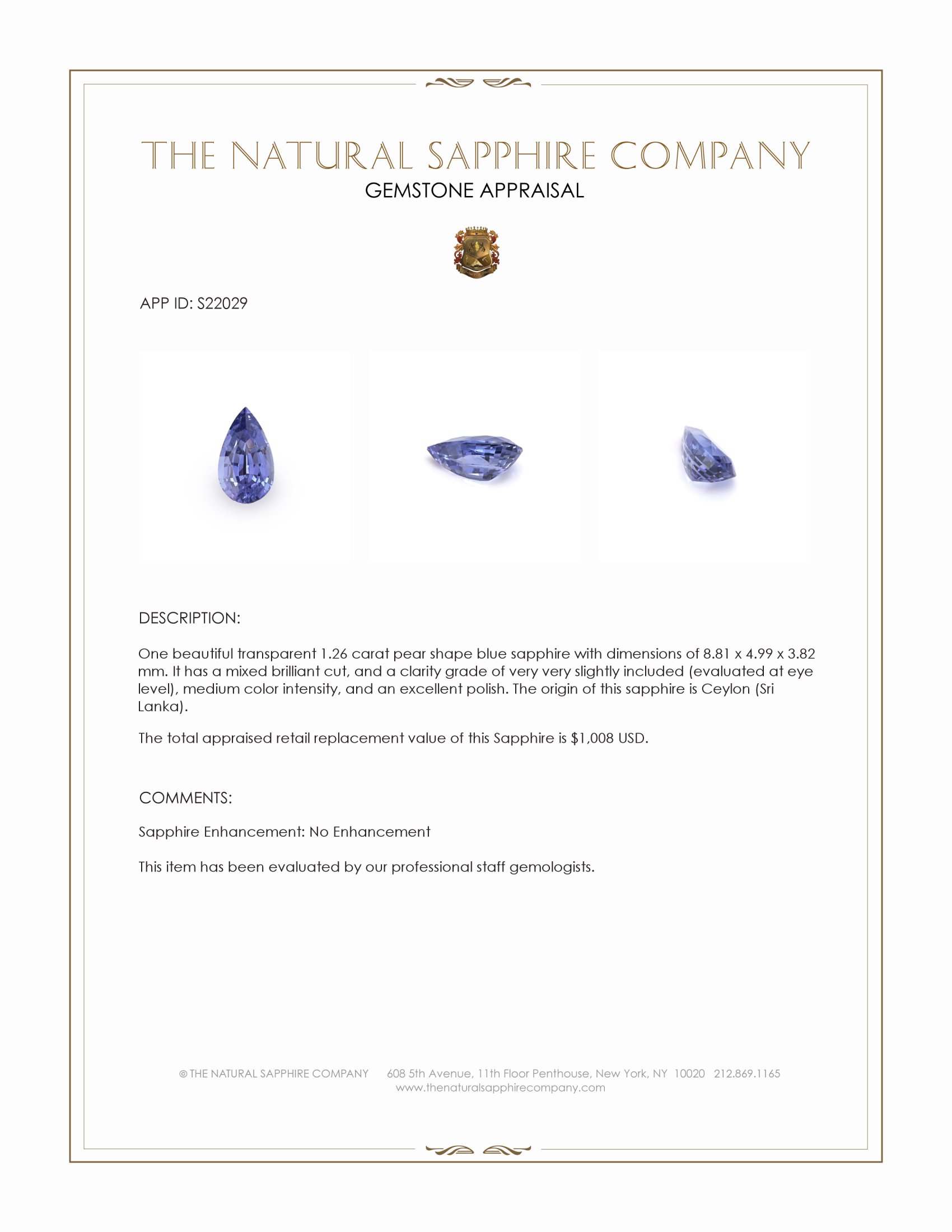 1.26 Ct. Blue Sapphire from Ceylon (Sri Lanka)