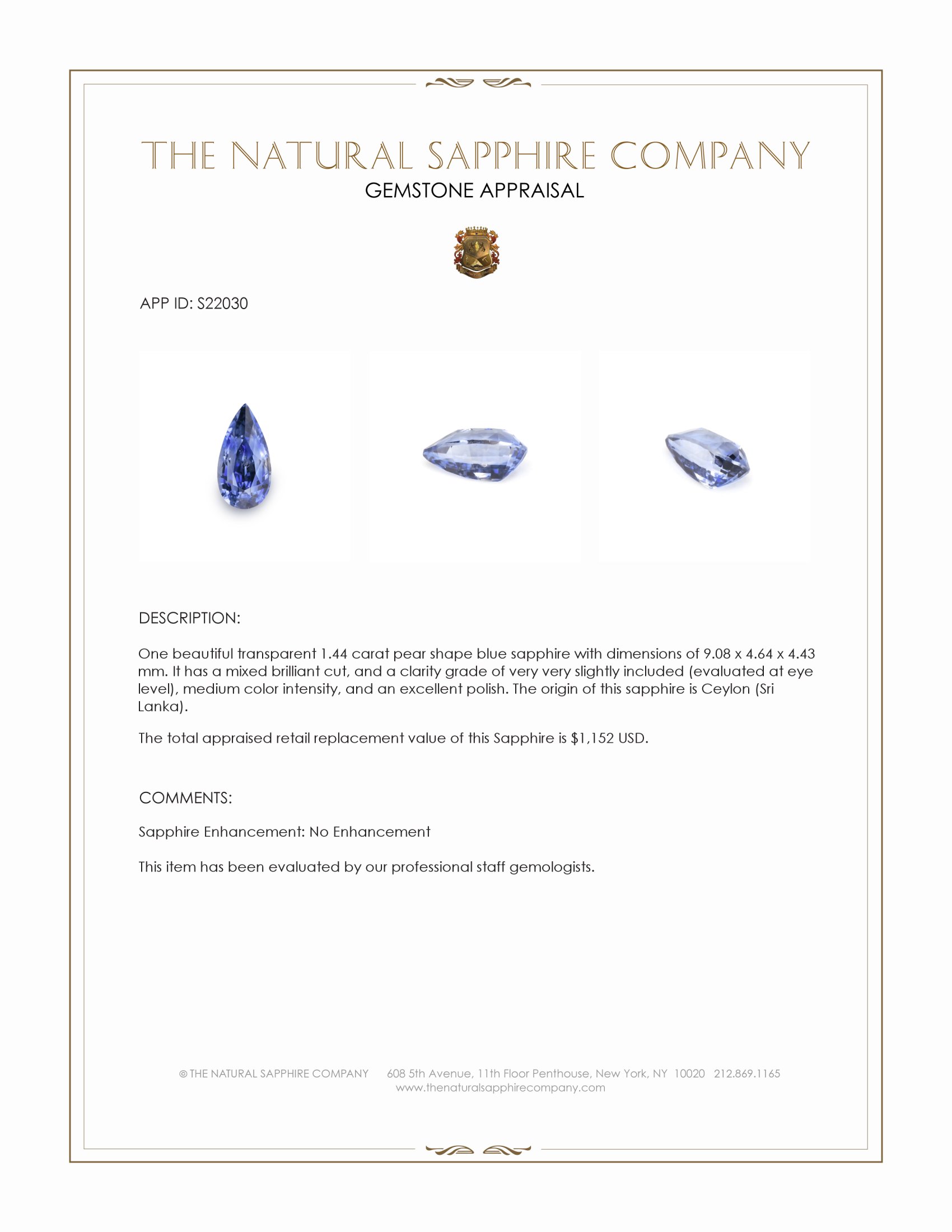1.44 Ct. Blue Sapphire from Ceylon (Sri Lanka)