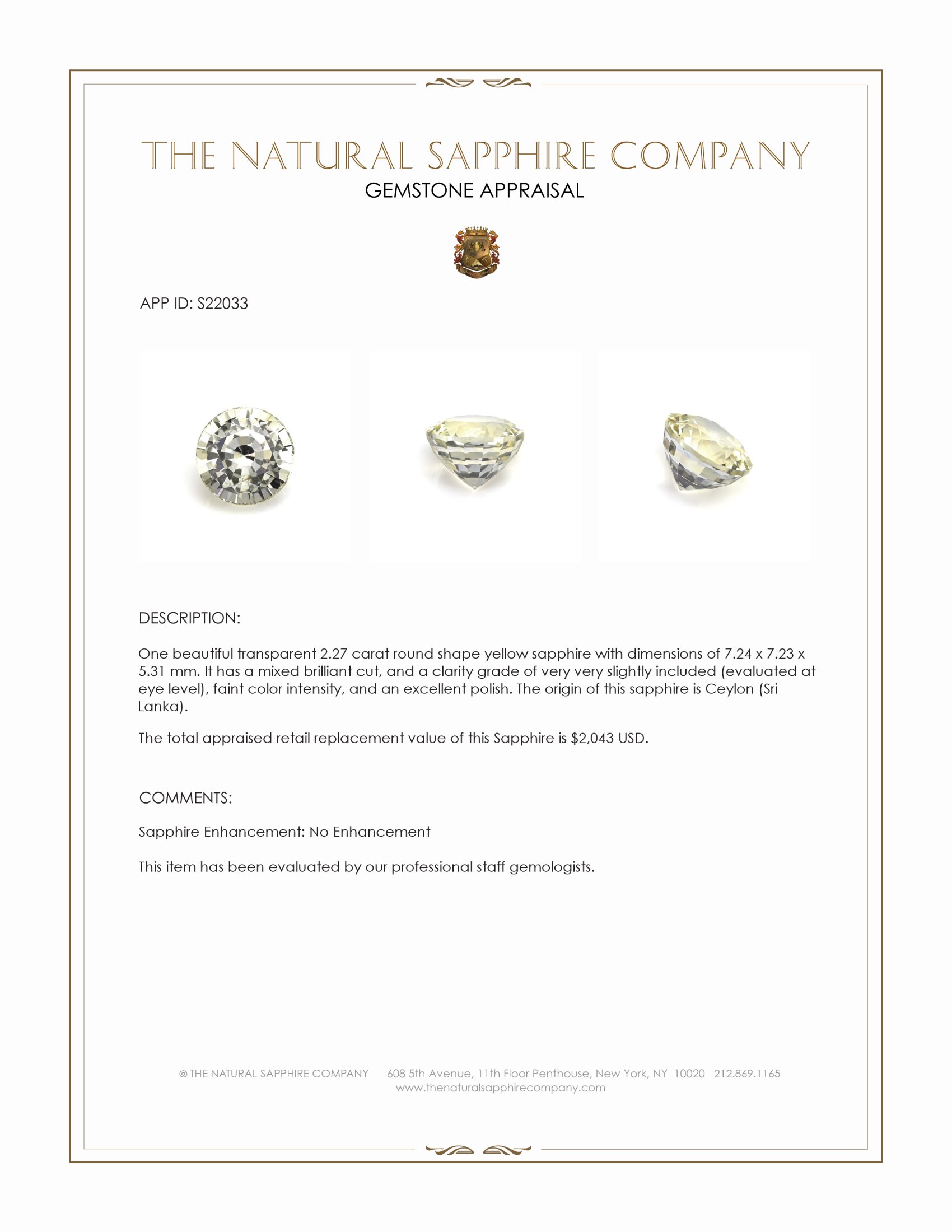 2.27 Ct. Yellow Sapphire from Ceylon (Sri Lanka)