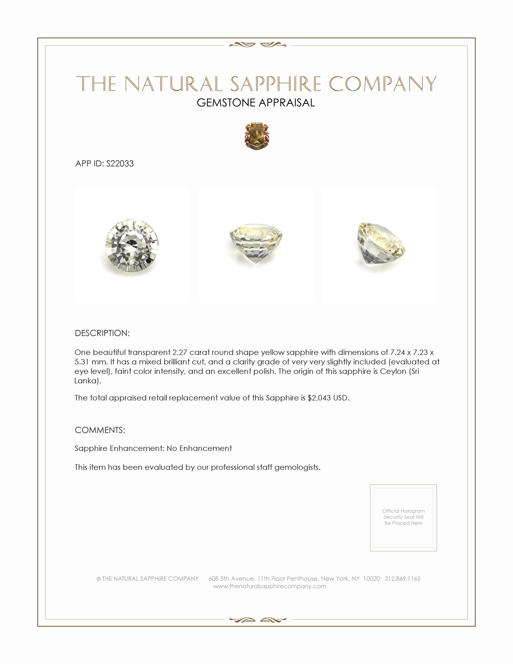 2.27 Ct. Yellow Sapphire from Ceylon (Sri Lanka)