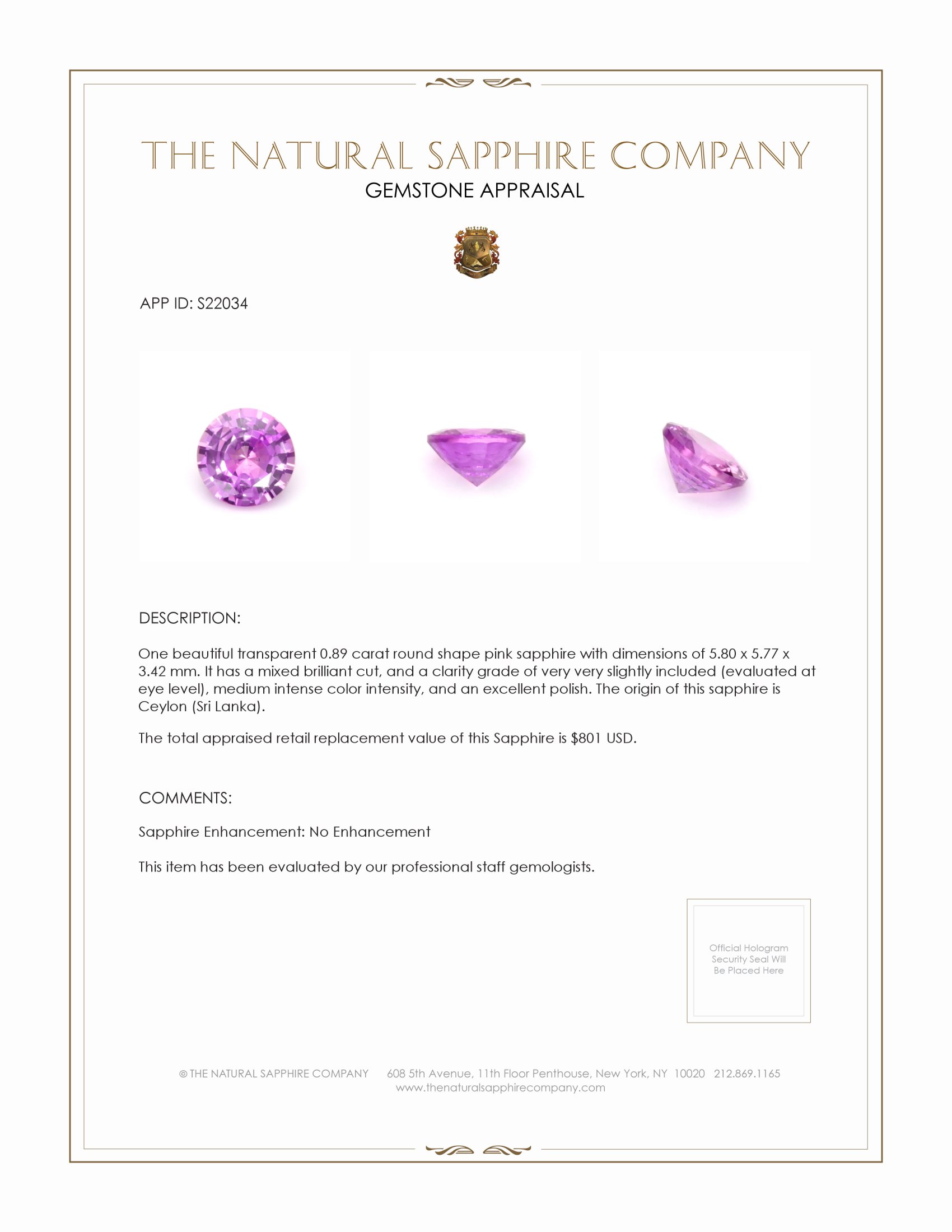 0.89 Ct. Pink Sapphire from Ceylon (Sri Lanka)