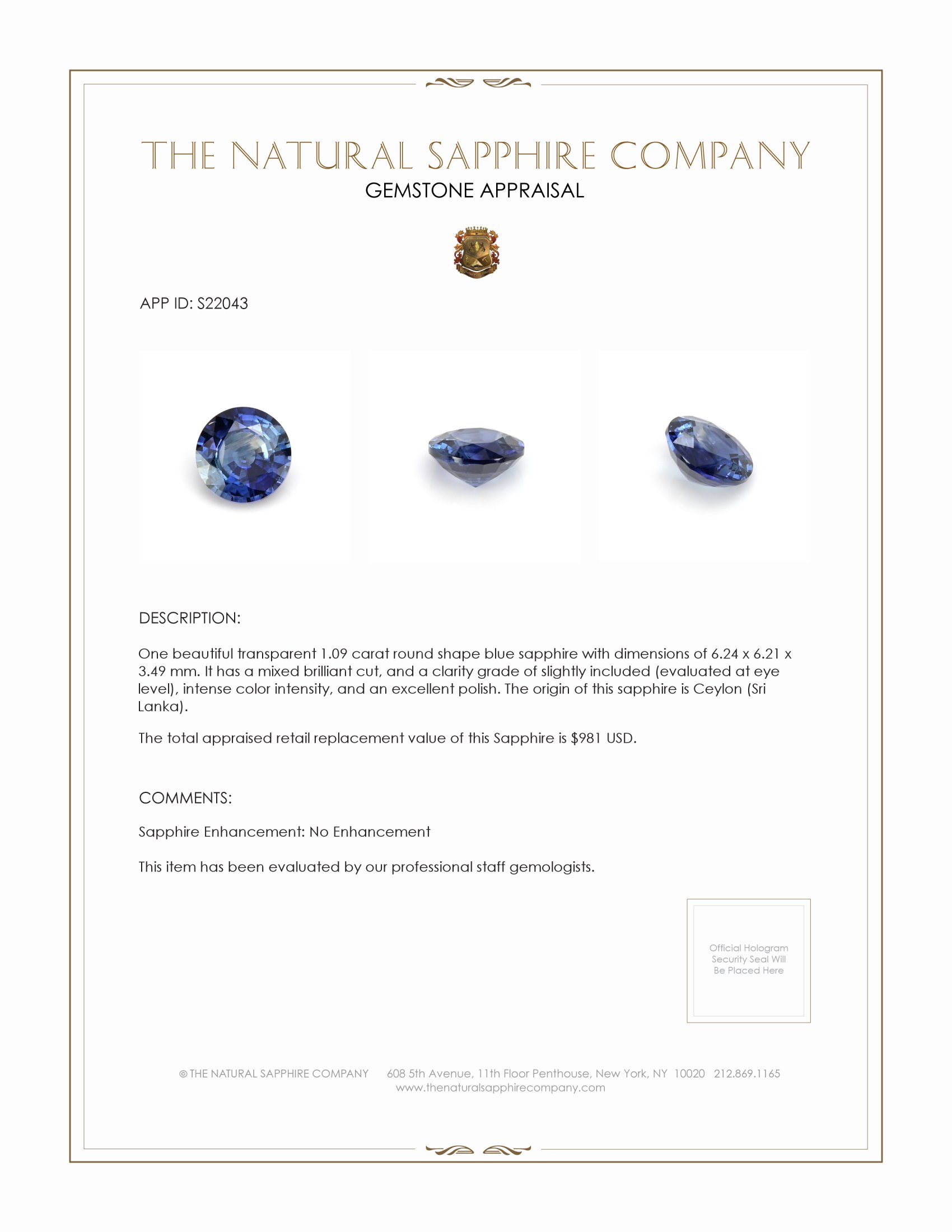 1.09 Ct. Blue Sapphire from Ceylon (Sri Lanka)