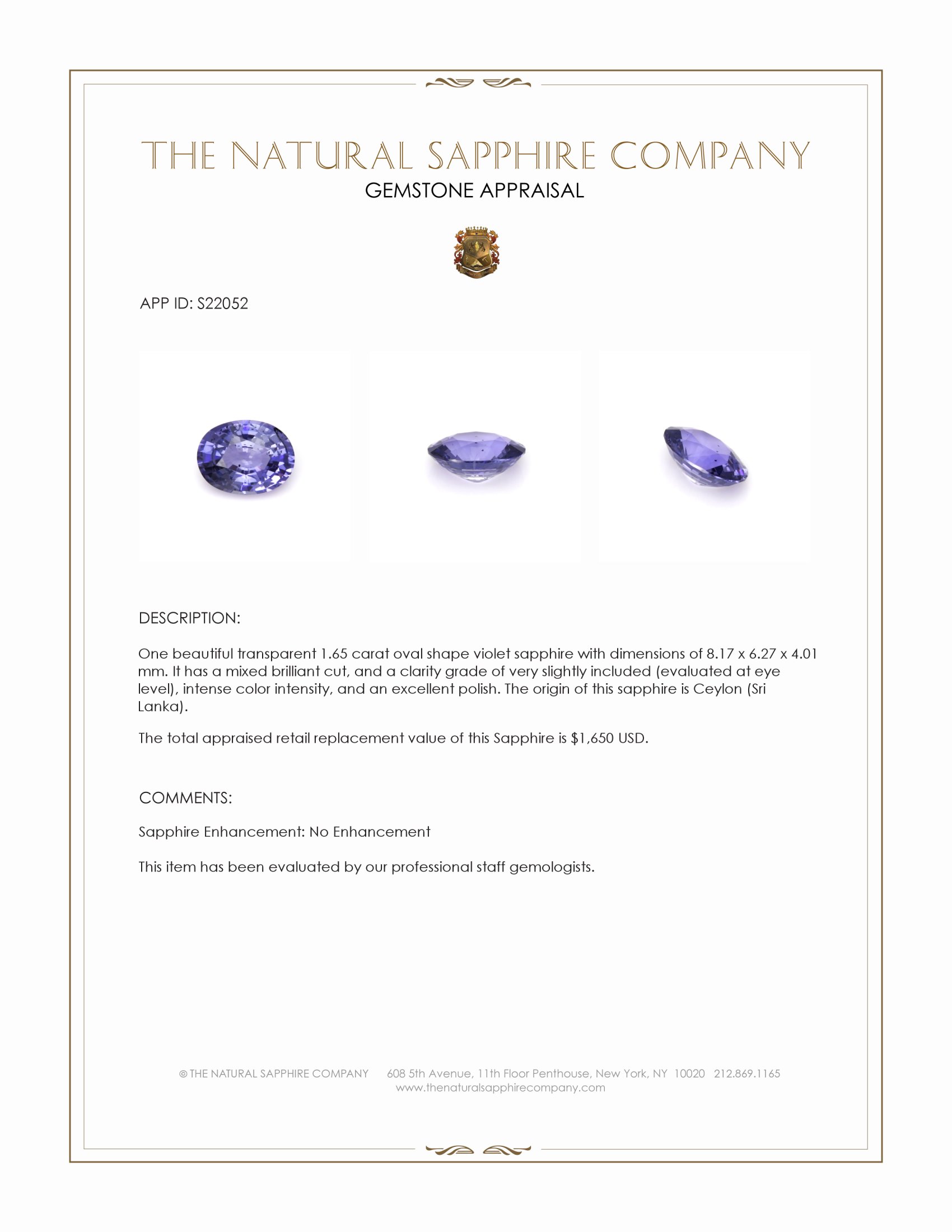 1.65 Ct. Violet Sapphire from Ceylon (Sri Lanka)