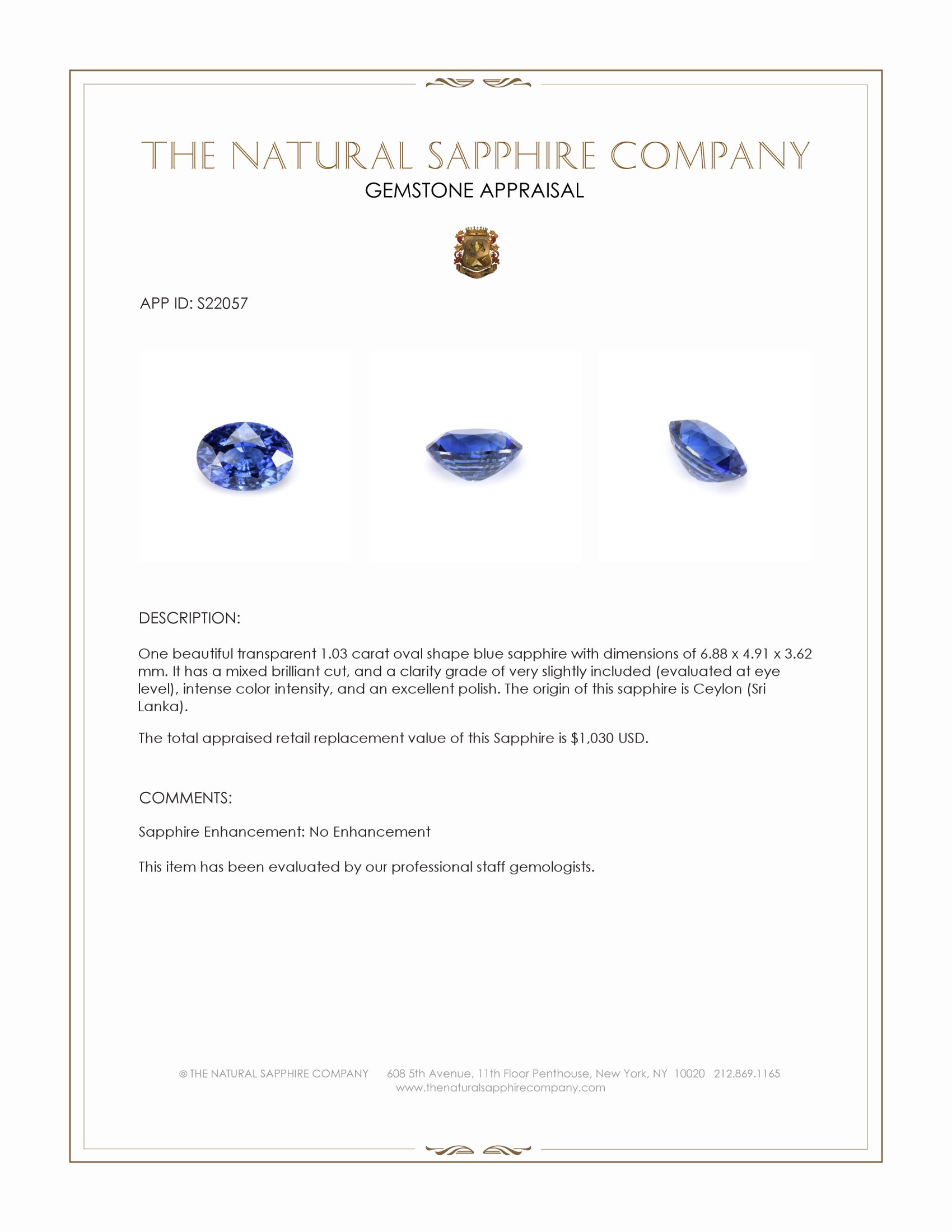 1.03 Ct. Blue Sapphire from Ceylon (Sri Lanka)