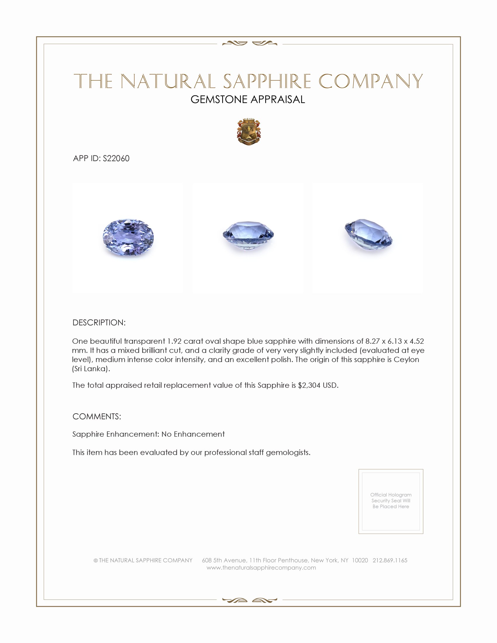 1.92 Ct. Blue Sapphire from Ceylon (Sri Lanka)