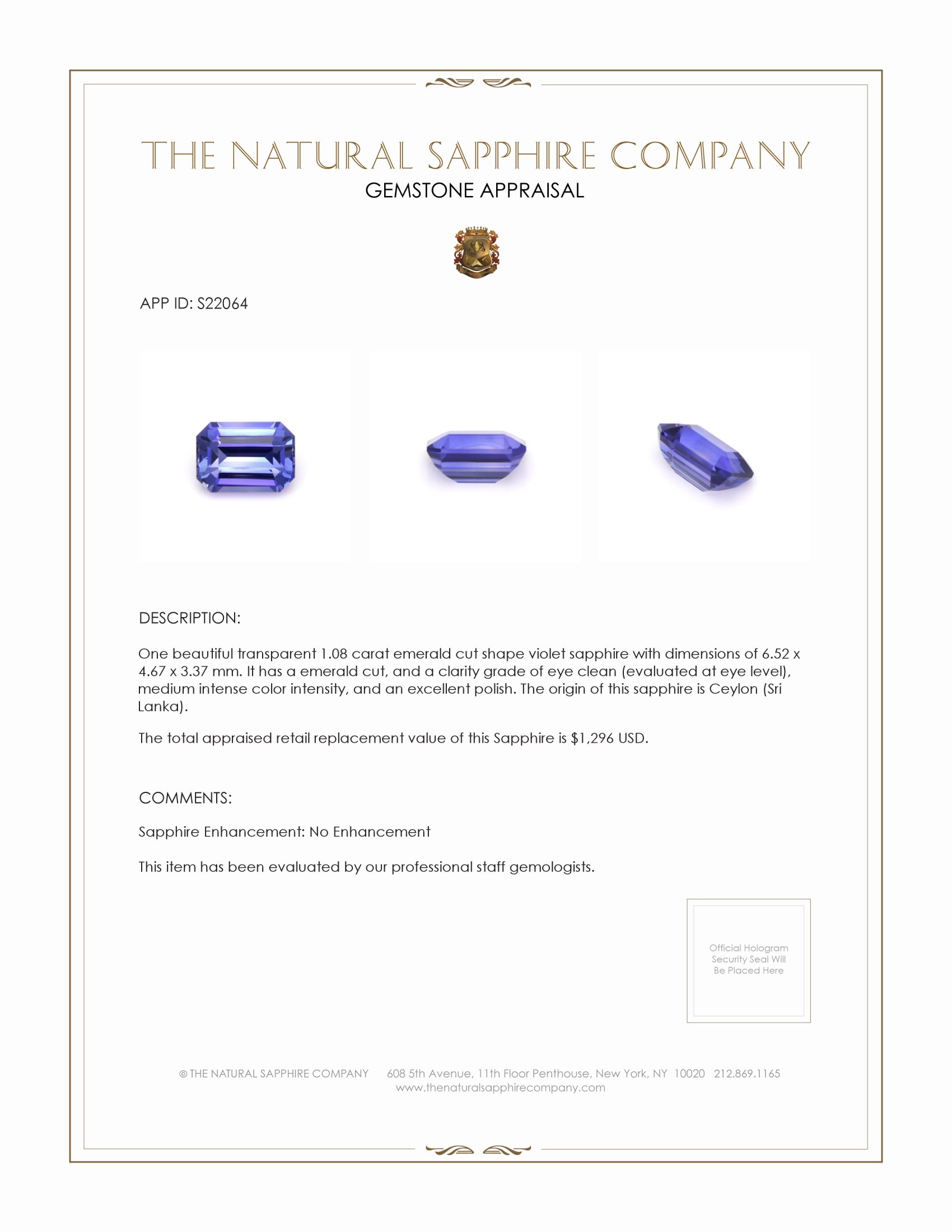 1.08 Ct. Violet Sapphire from Ceylon (Sri Lanka)