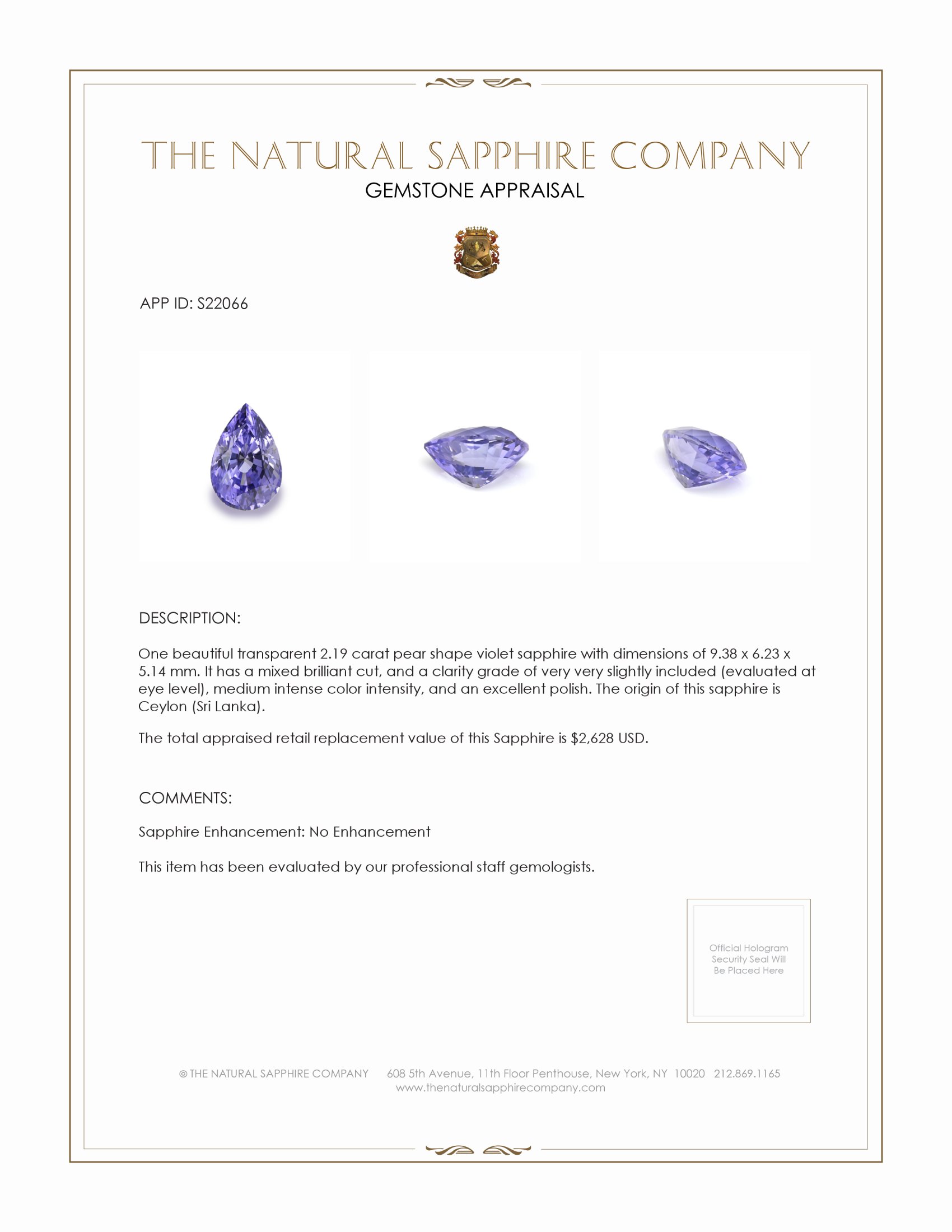 2.19 Ct. Violet Sapphire from Ceylon (Sri Lanka)