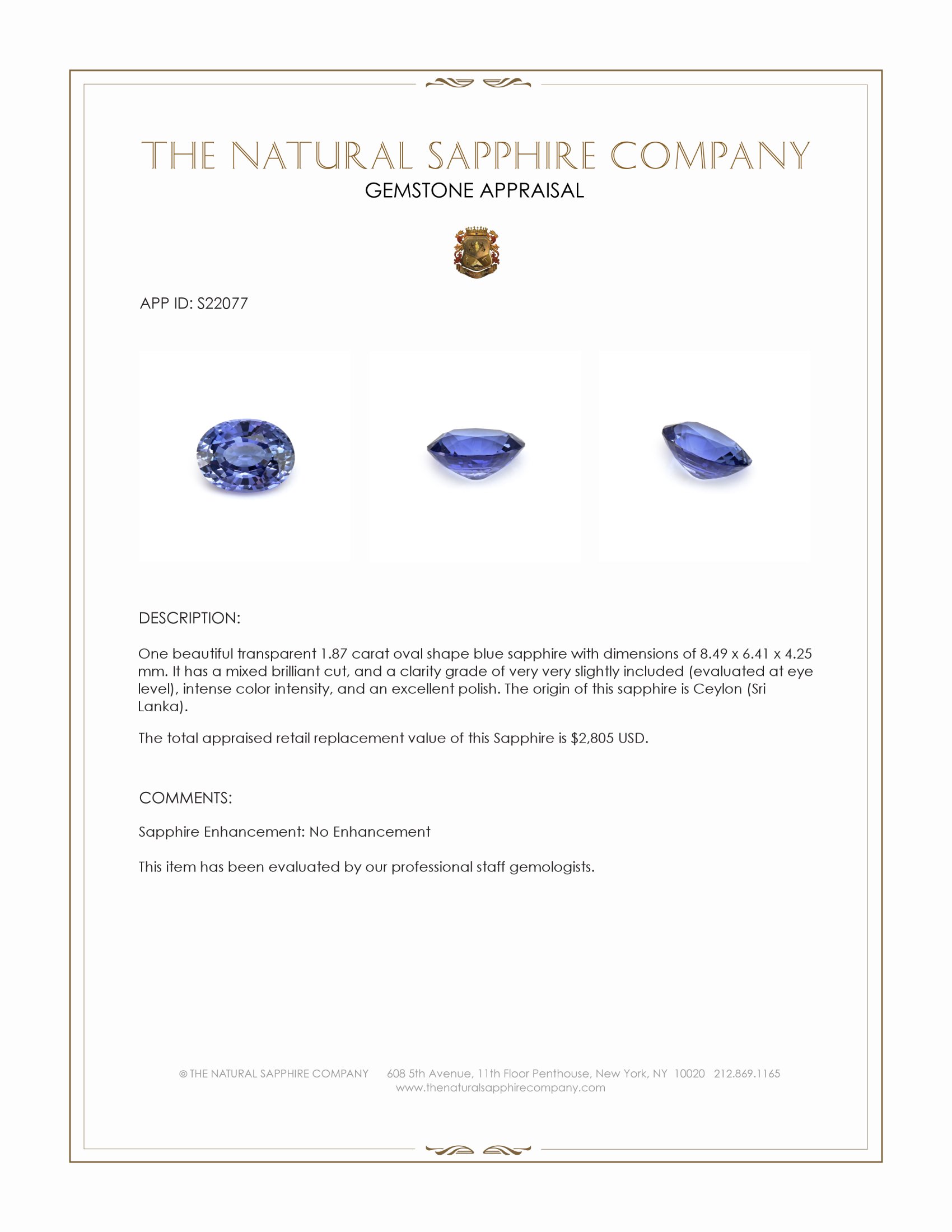 1.87 Ct. Blue Sapphire from Ceylon (Sri Lanka)
