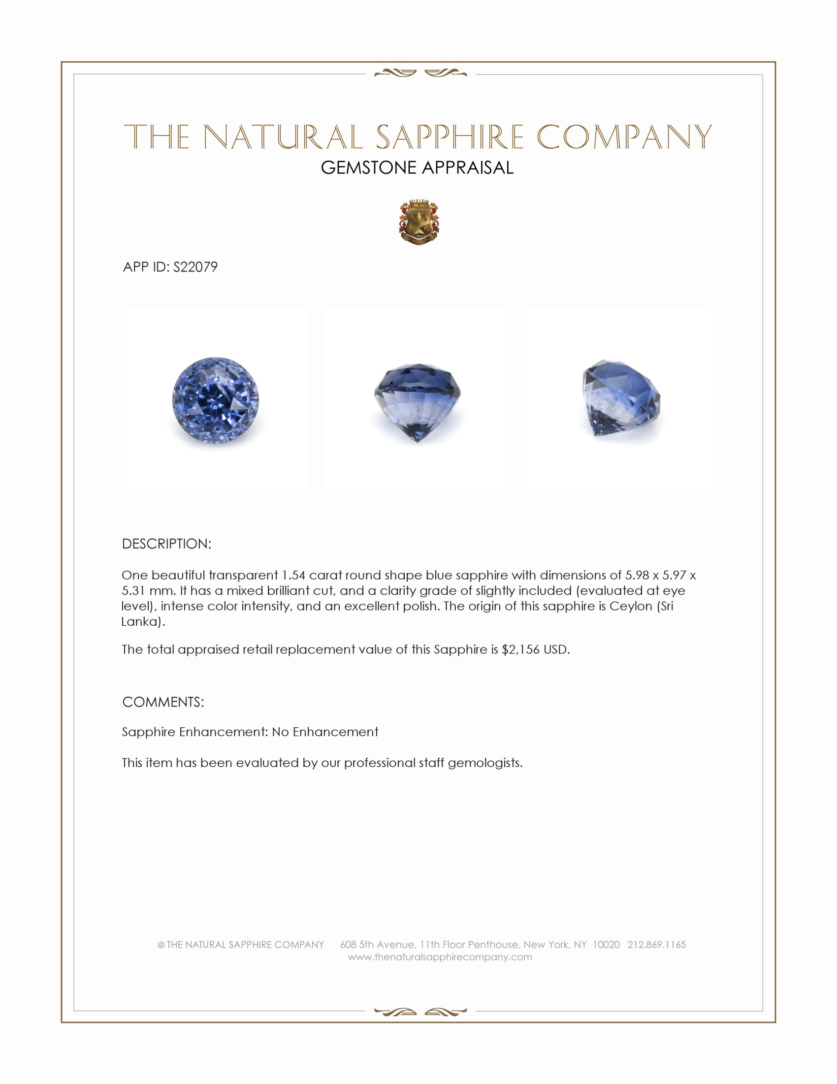 1.54 Ct. Blue Sapphire from Ceylon (Sri Lanka)