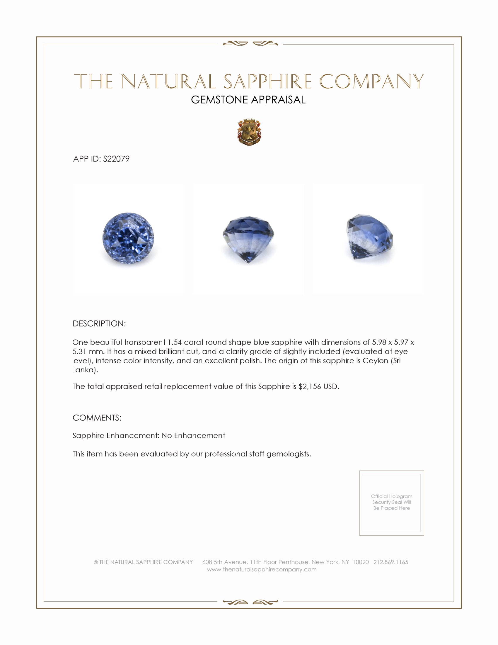 1.54 Ct. Blue Sapphire from Ceylon (Sri Lanka)
