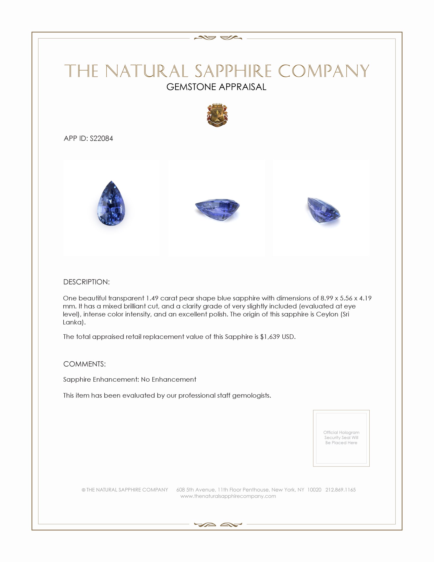 1.49 Ct. Blue Sapphire from Ceylon (Sri Lanka)