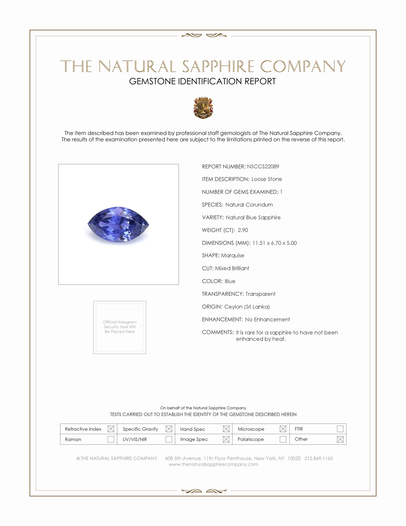 2.90 Ct. Blue Sapphire from Ceylon (Sri Lanka)