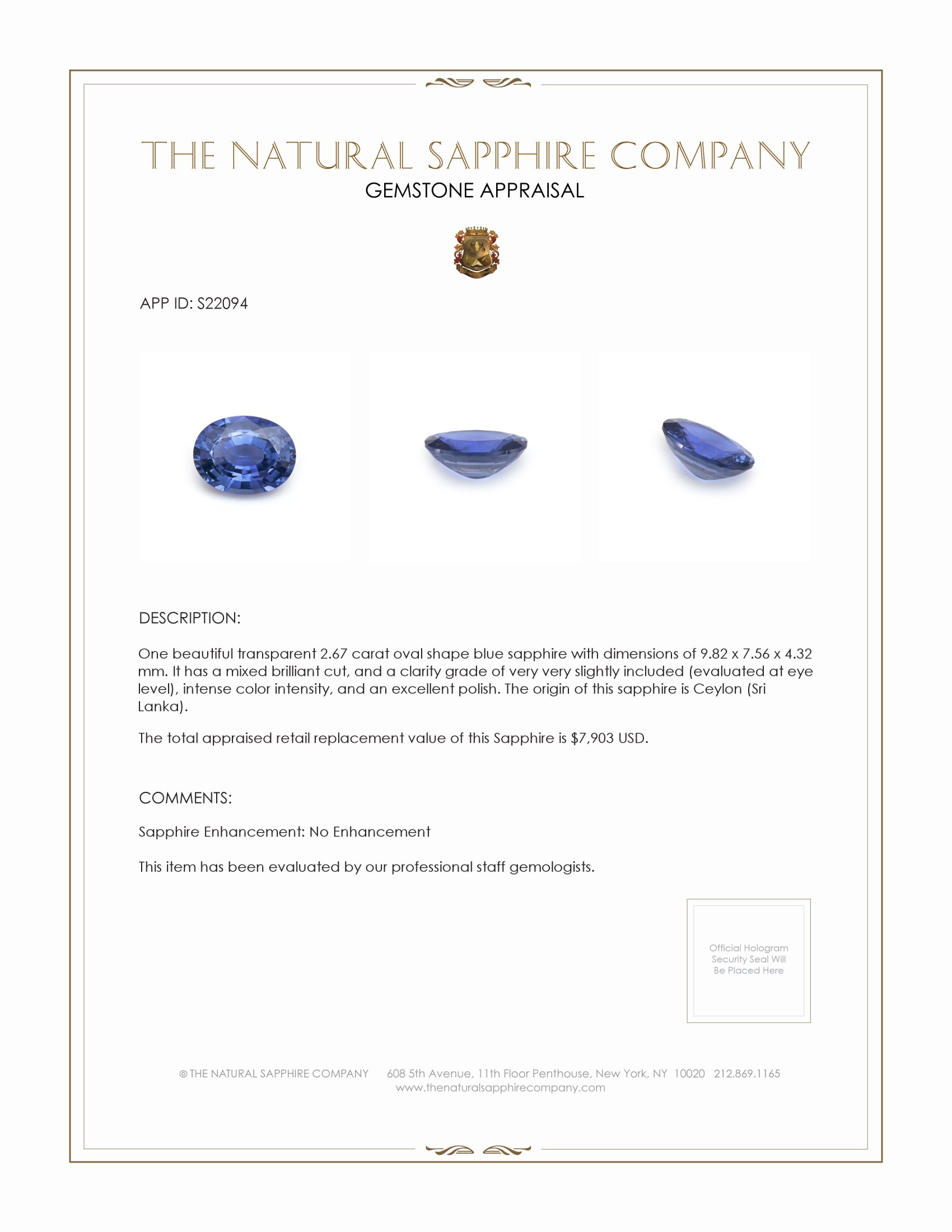 2.67 Ct. Blue Sapphire from Ceylon (Sri Lanka)