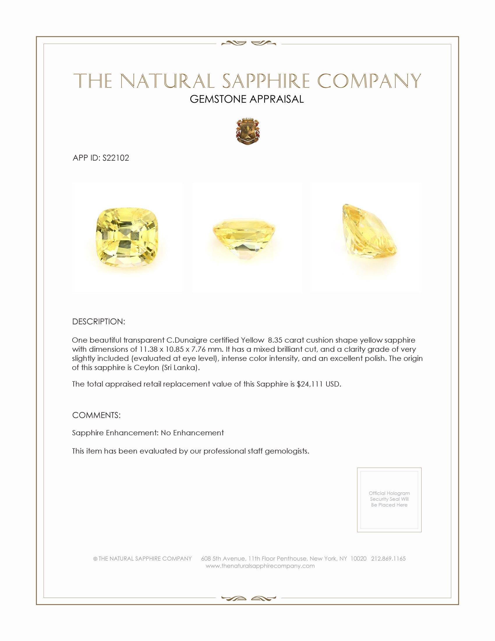 8.35 Ct. Yellow Sapphire from Ceylon (Sri Lanka)