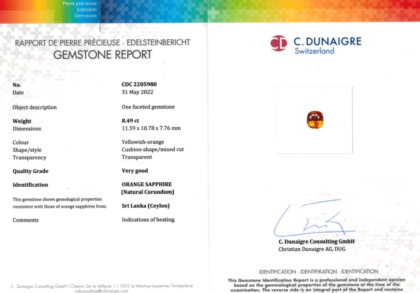 8.49 Ct. Orange Sapphire from Ceylon (Sri Lanka)