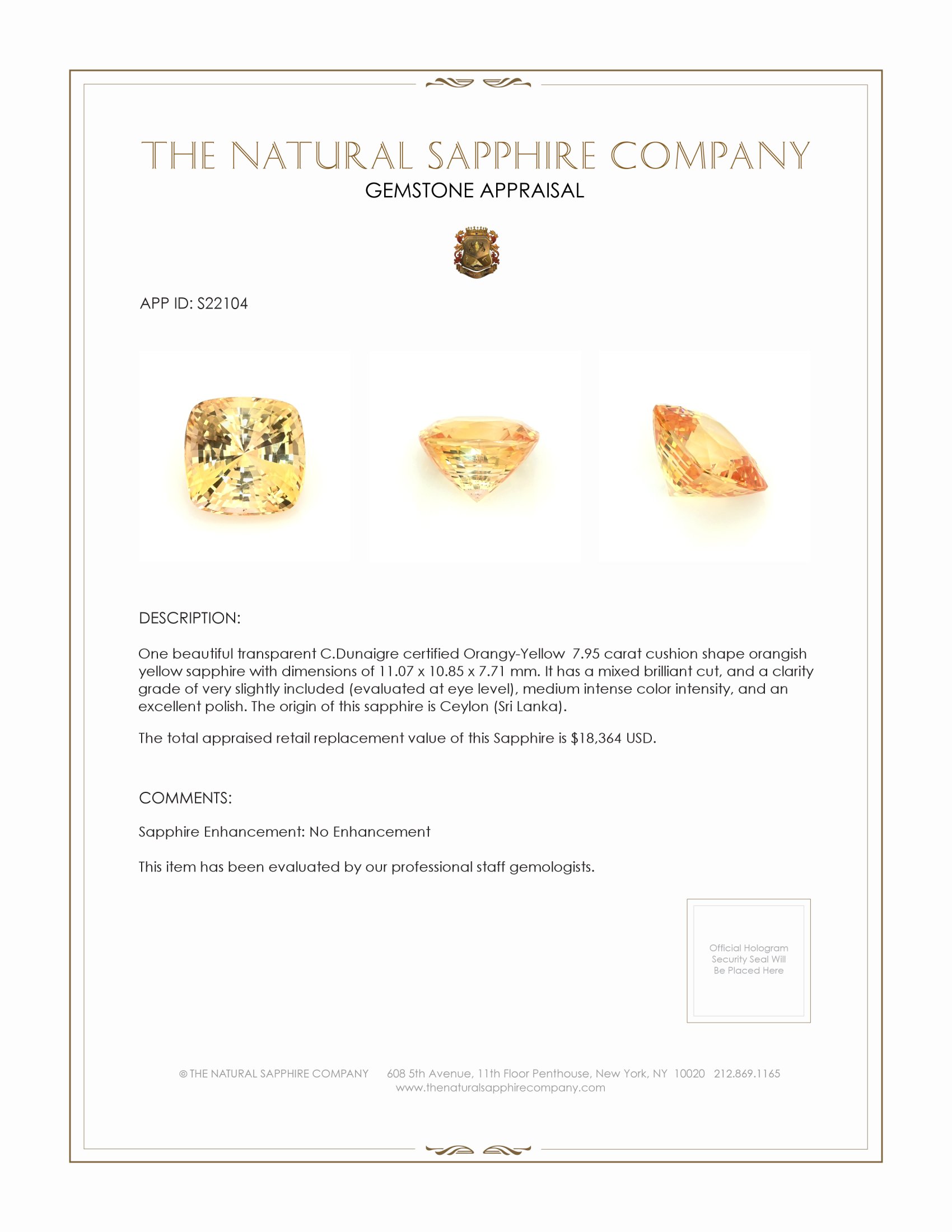 7.95 Ct. Orangish Yellow Sapphire from Ceylon (Sri Lanka)