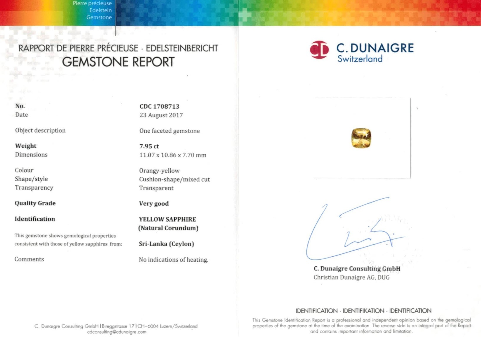 7.95 Ct. Orangish Yellow Sapphire from Ceylon (Sri Lanka)