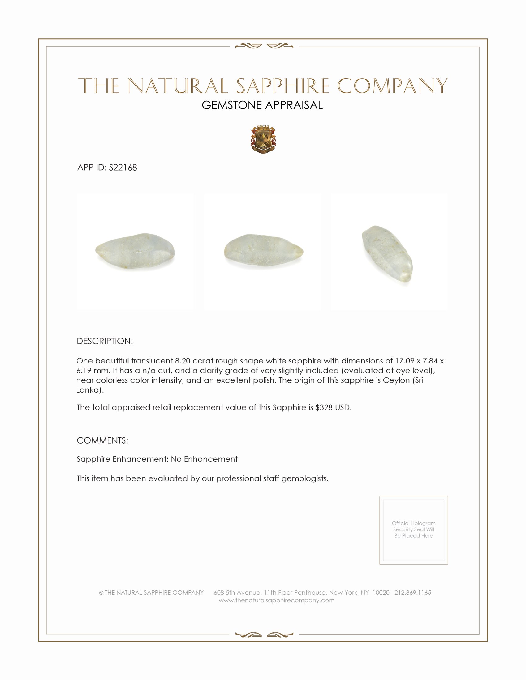 8.20 Ct. White Rough Sapphire from Ceylon (Sri Lanka)