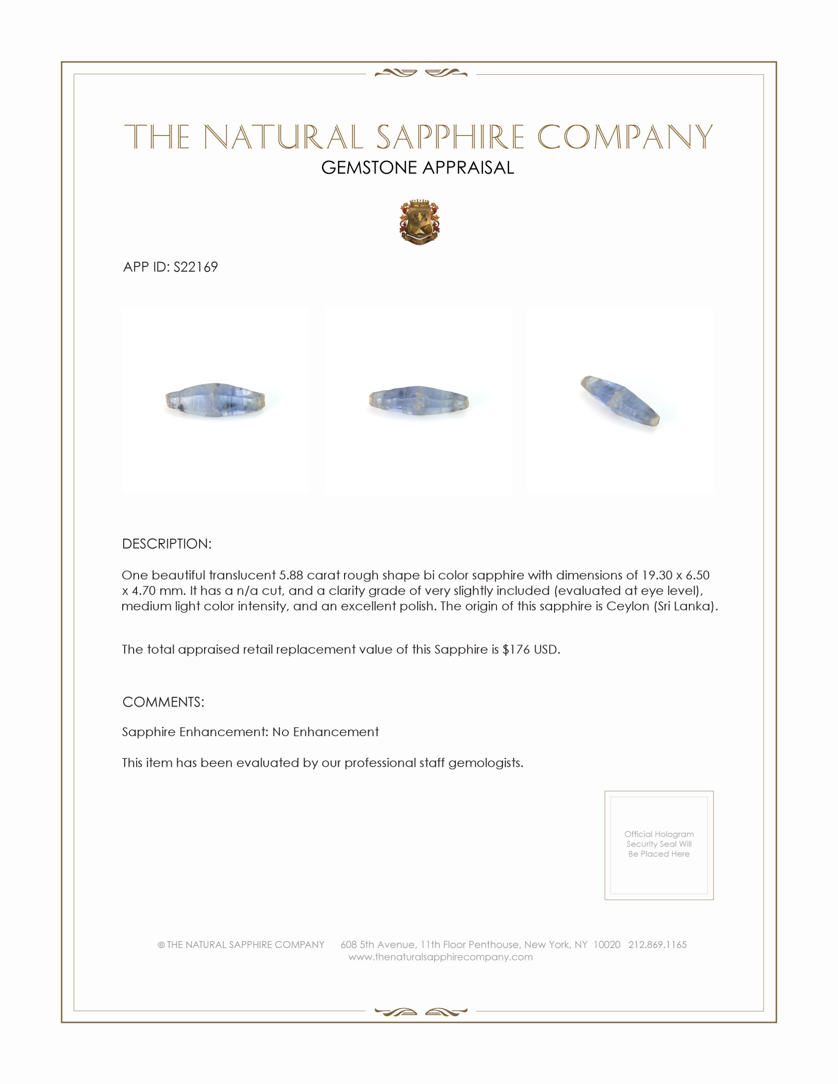 5.88 Ct. Bi Color Rough Sapphire from Ceylon (Sri Lanka)