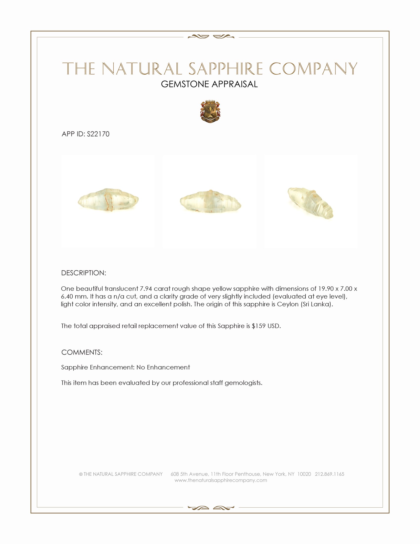7.94 Ct. Yellow Rough Sapphire from Ceylon (Sri Lanka)
