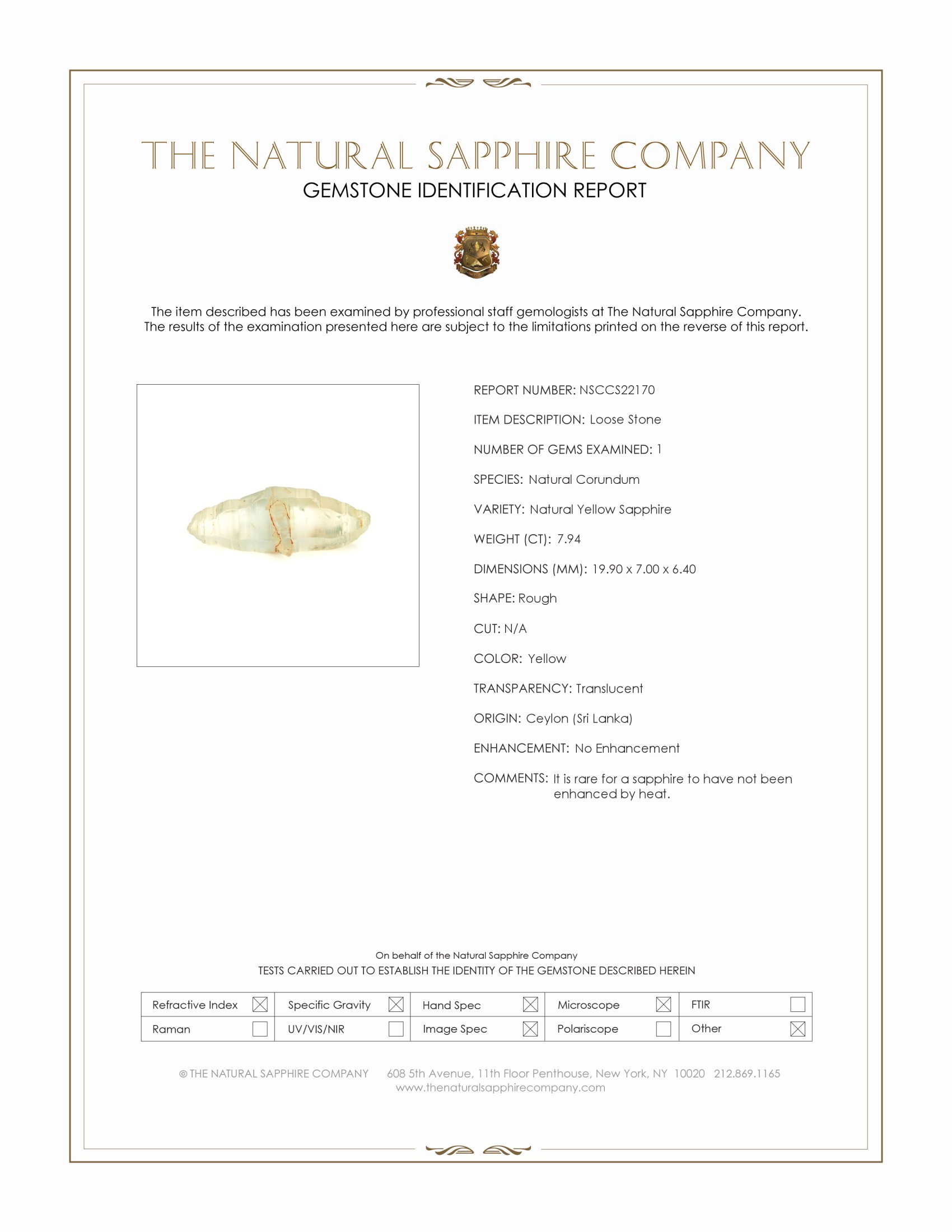 7.94 Ct. Yellow Rough Sapphire from Ceylon (Sri Lanka)