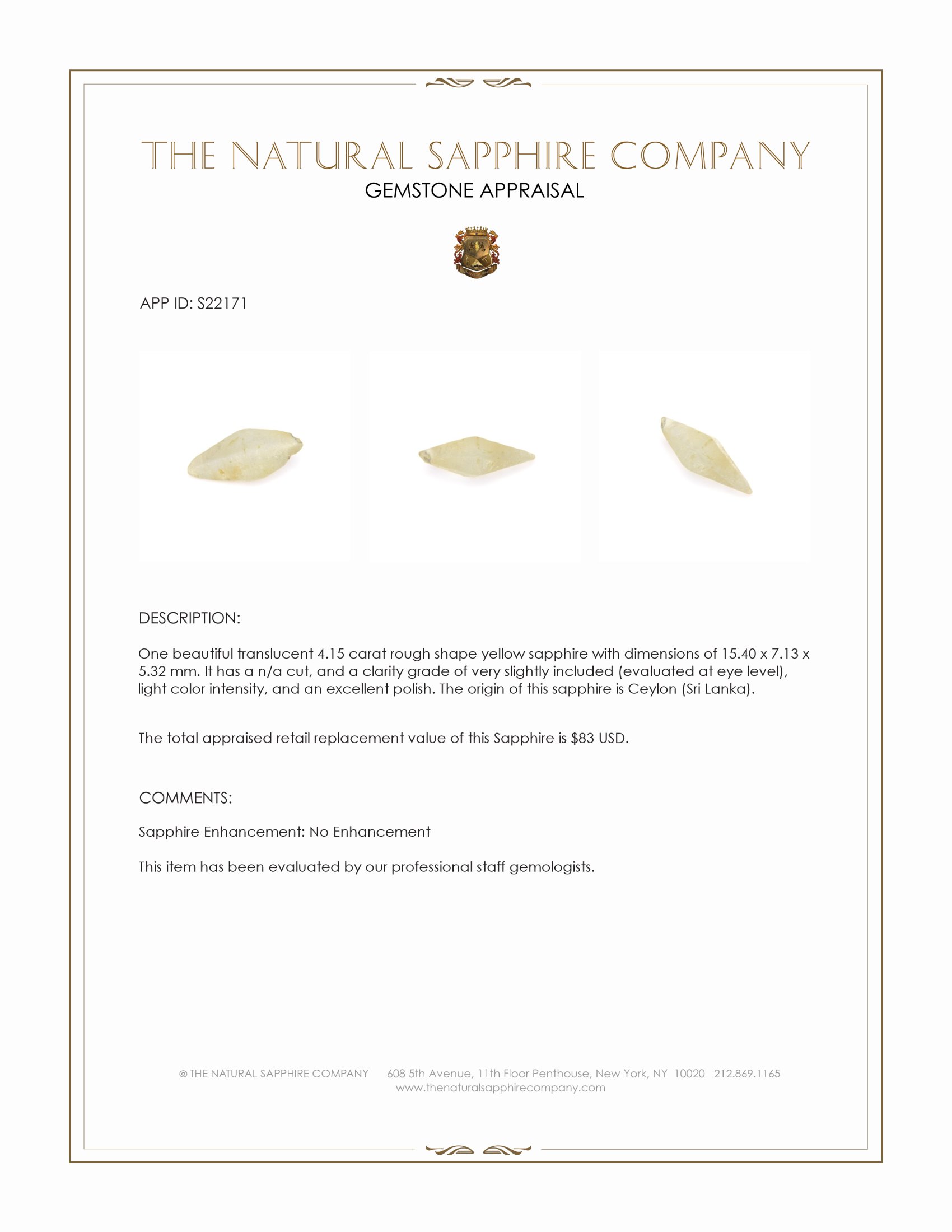 4.15 Ct. Yellow Rough Sapphire from Ceylon (Sri Lanka)