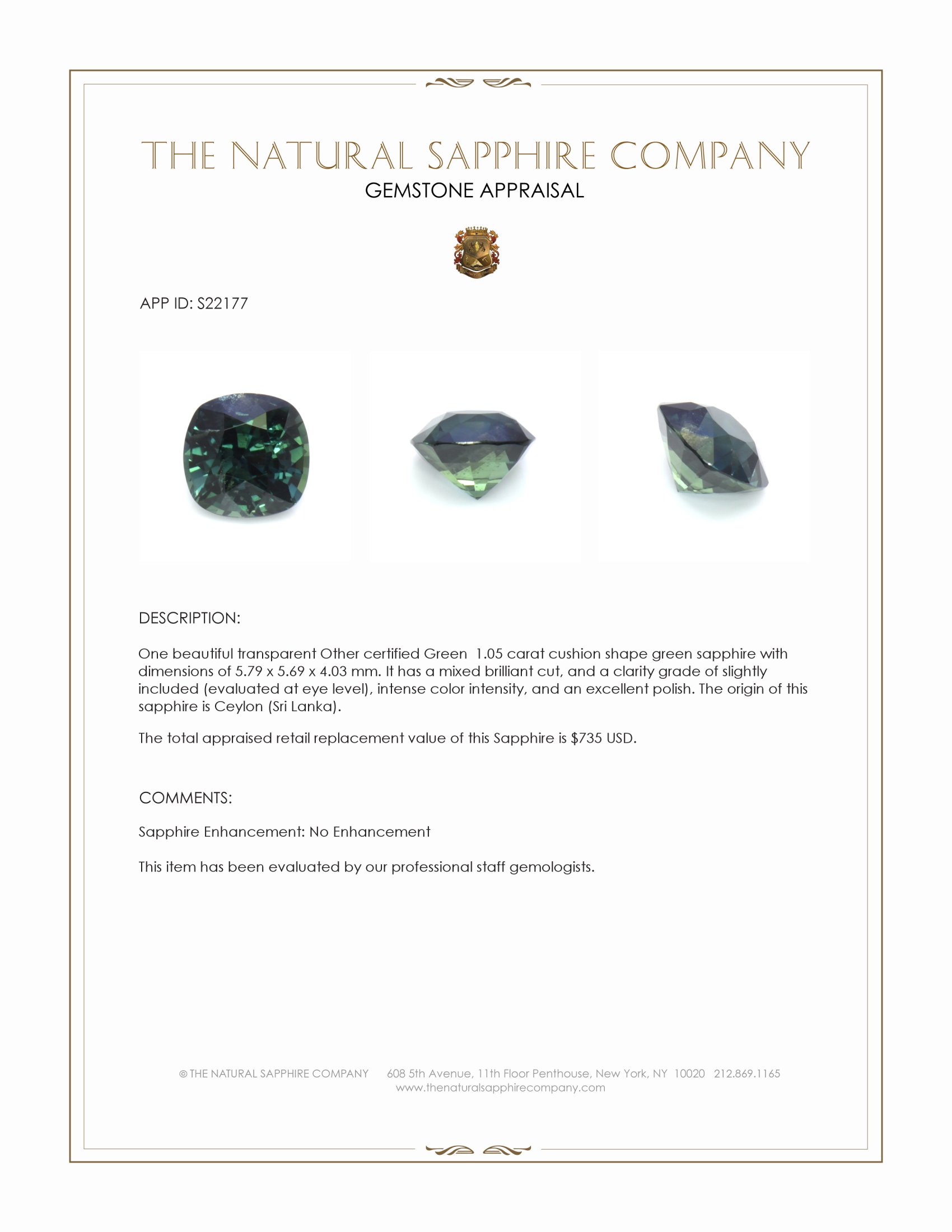 1.05 Ct. Green Sapphire from Ceylon (Sri Lanka)