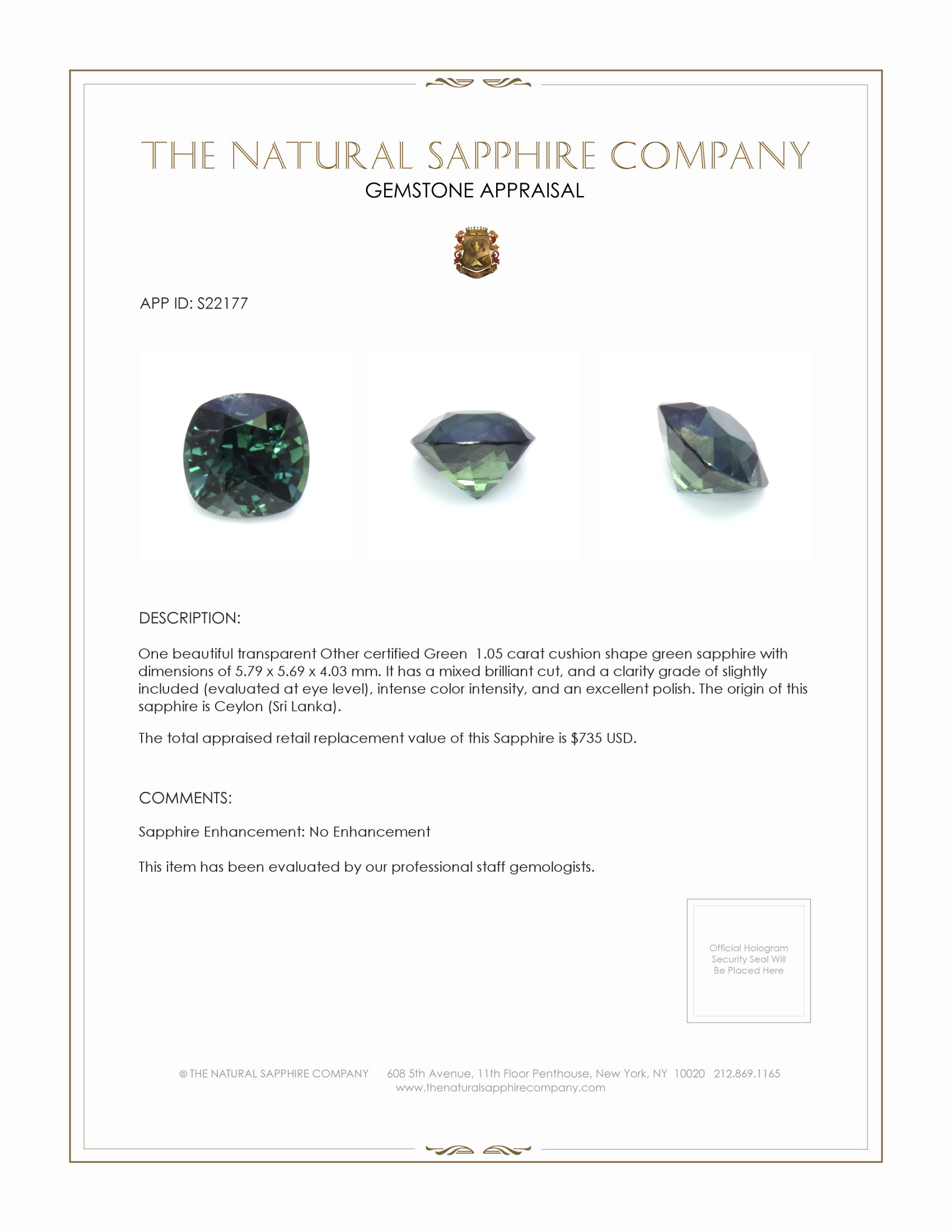 1.05 Ct. Green Sapphire from Ceylon (Sri Lanka)
