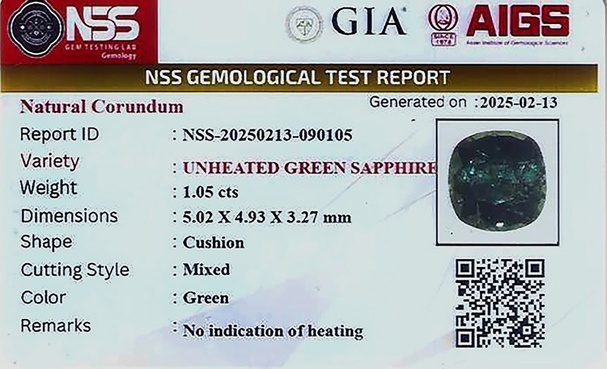1.05 Ct. Green Sapphire from Ceylon (Sri Lanka)
