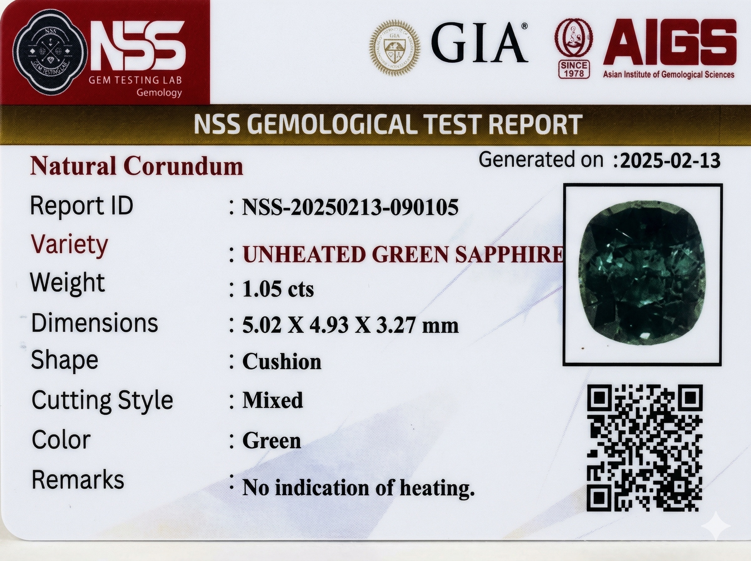 1.05 Ct. Green Sapphire from Ceylon (Sri Lanka)