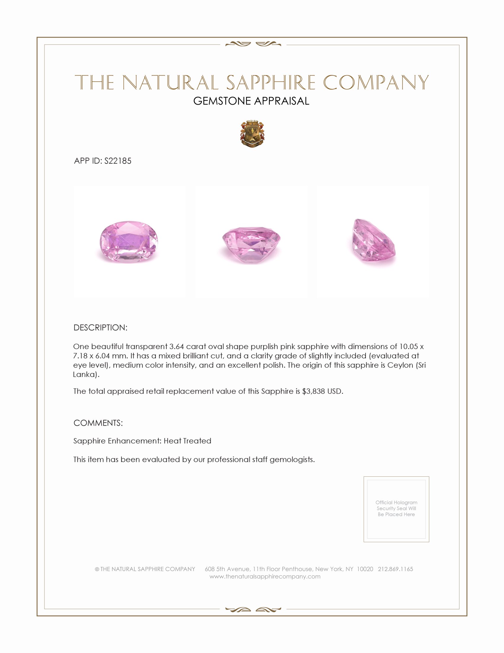 3.64 Ct. Purplish Pink Sapphire from Ceylon (Sri Lanka)