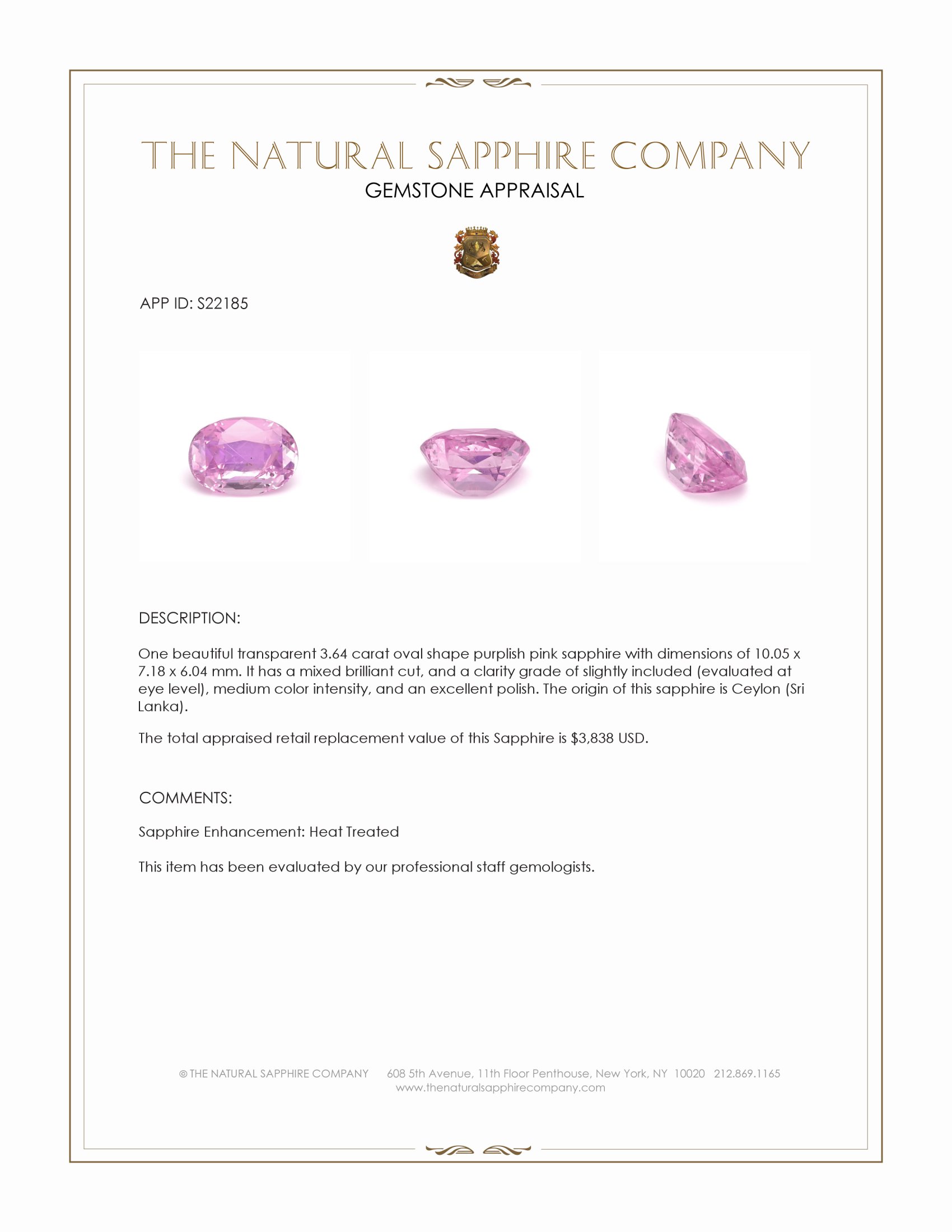 3.64 Ct. Purplish Pink Sapphire from Ceylon (Sri Lanka)