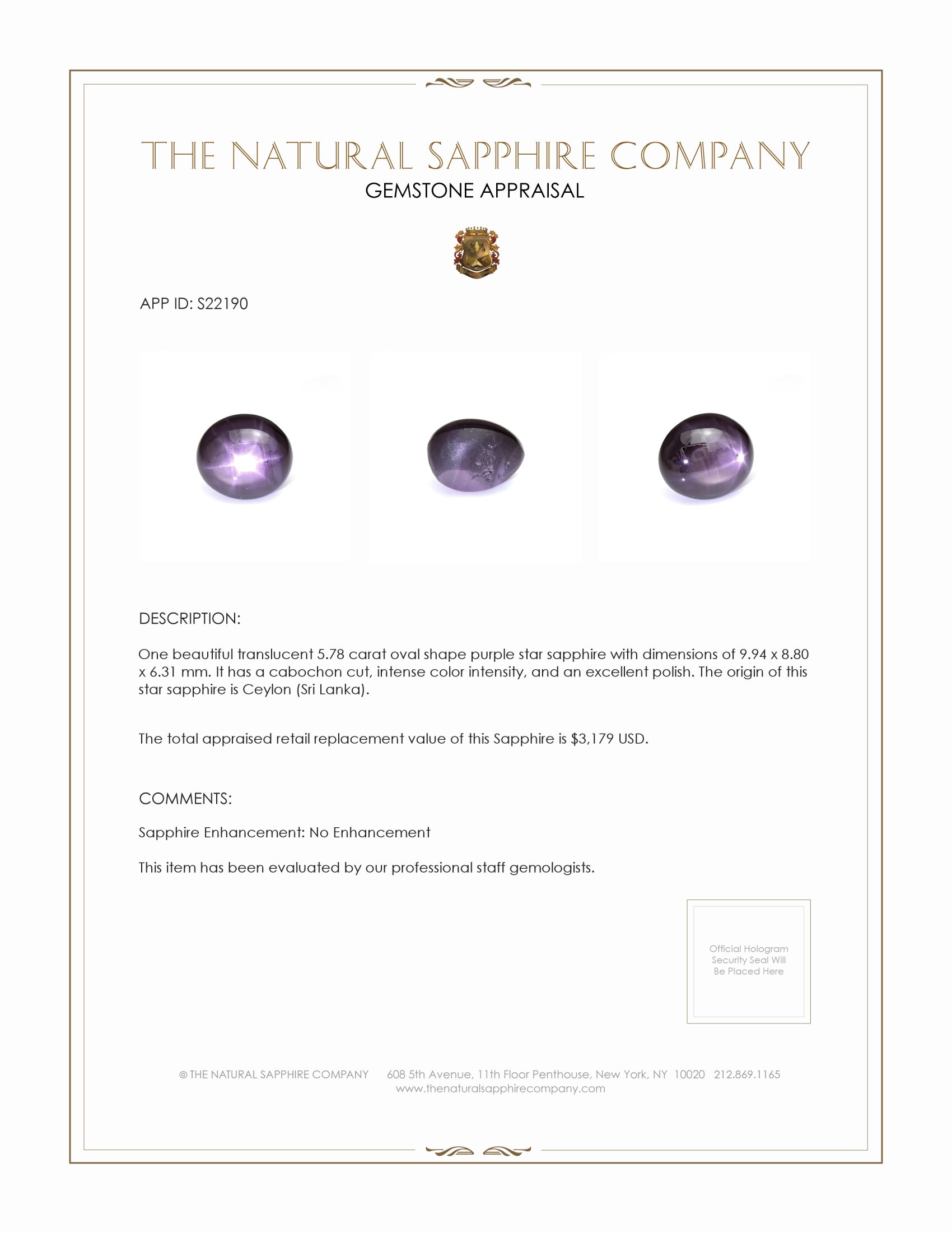 5.78 Ct. Purple Star Sapphire from Ceylon (Sri Lanka)