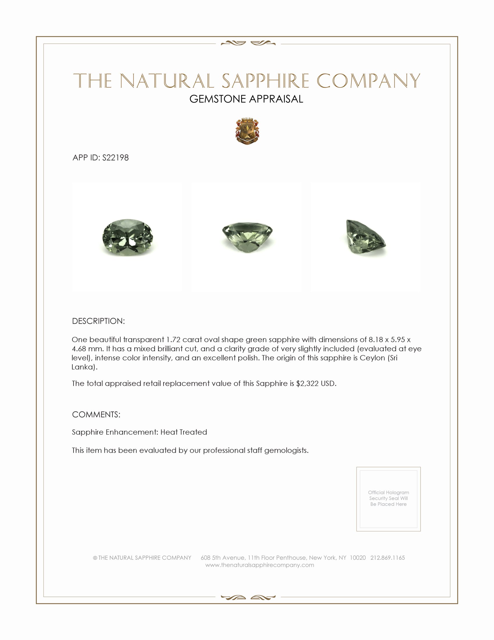 1.72 Ct. Green Sapphire from Ceylon (Sri Lanka)