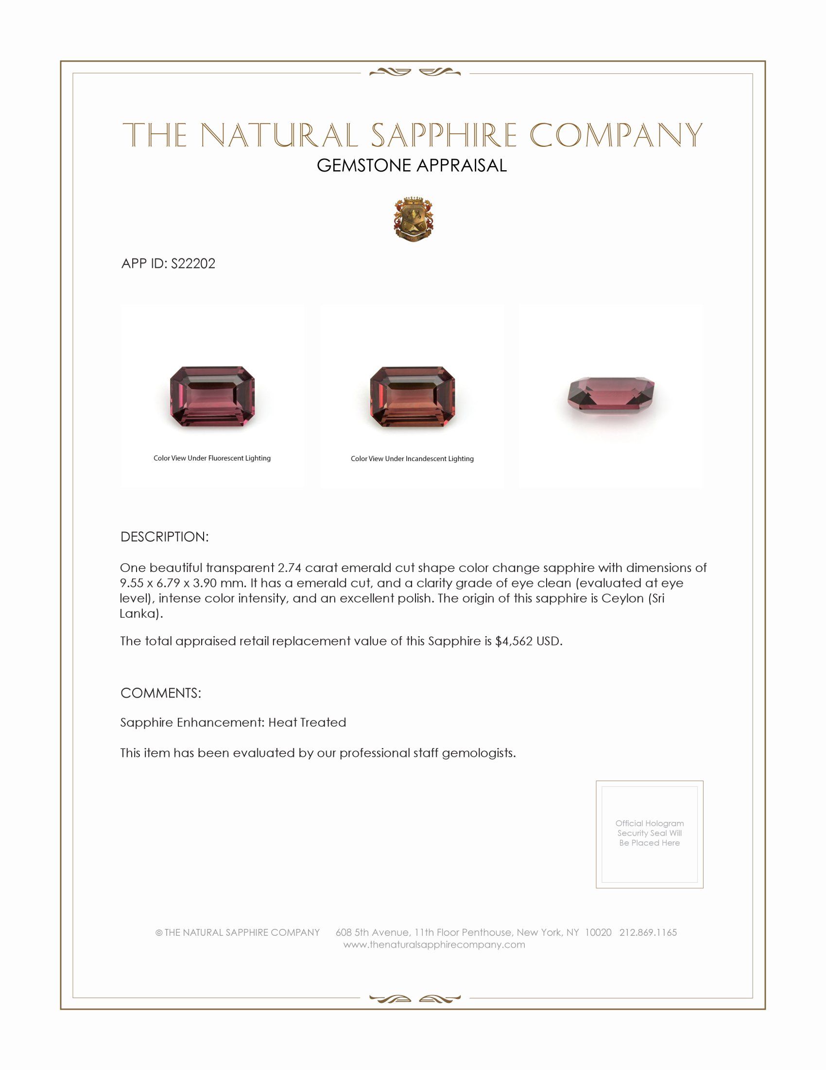 2.74 Ct. Color Change Sapphire from Ceylon (Sri Lanka)