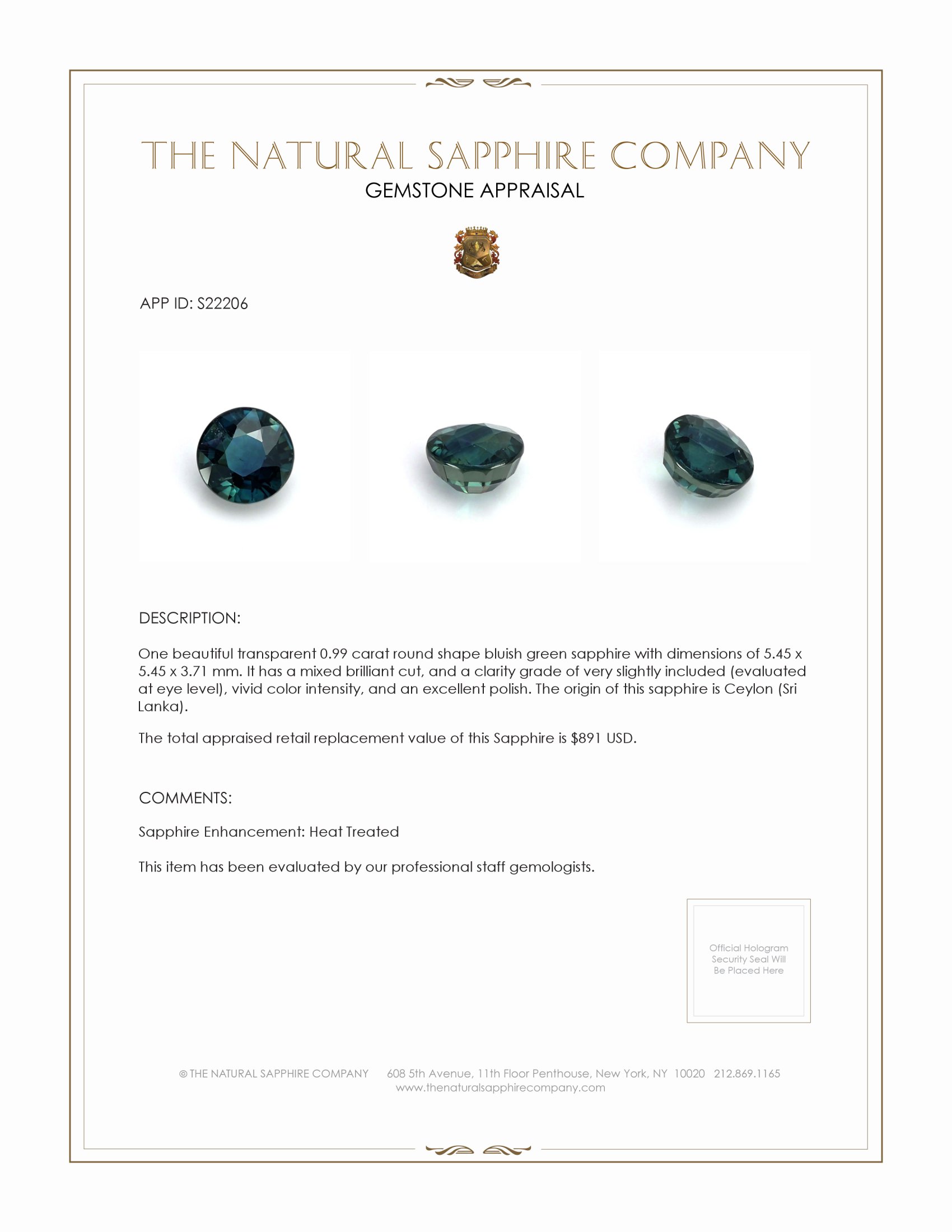 0.99 Ct. Bluish Green Sapphire from Ceylon (Sri Lanka)