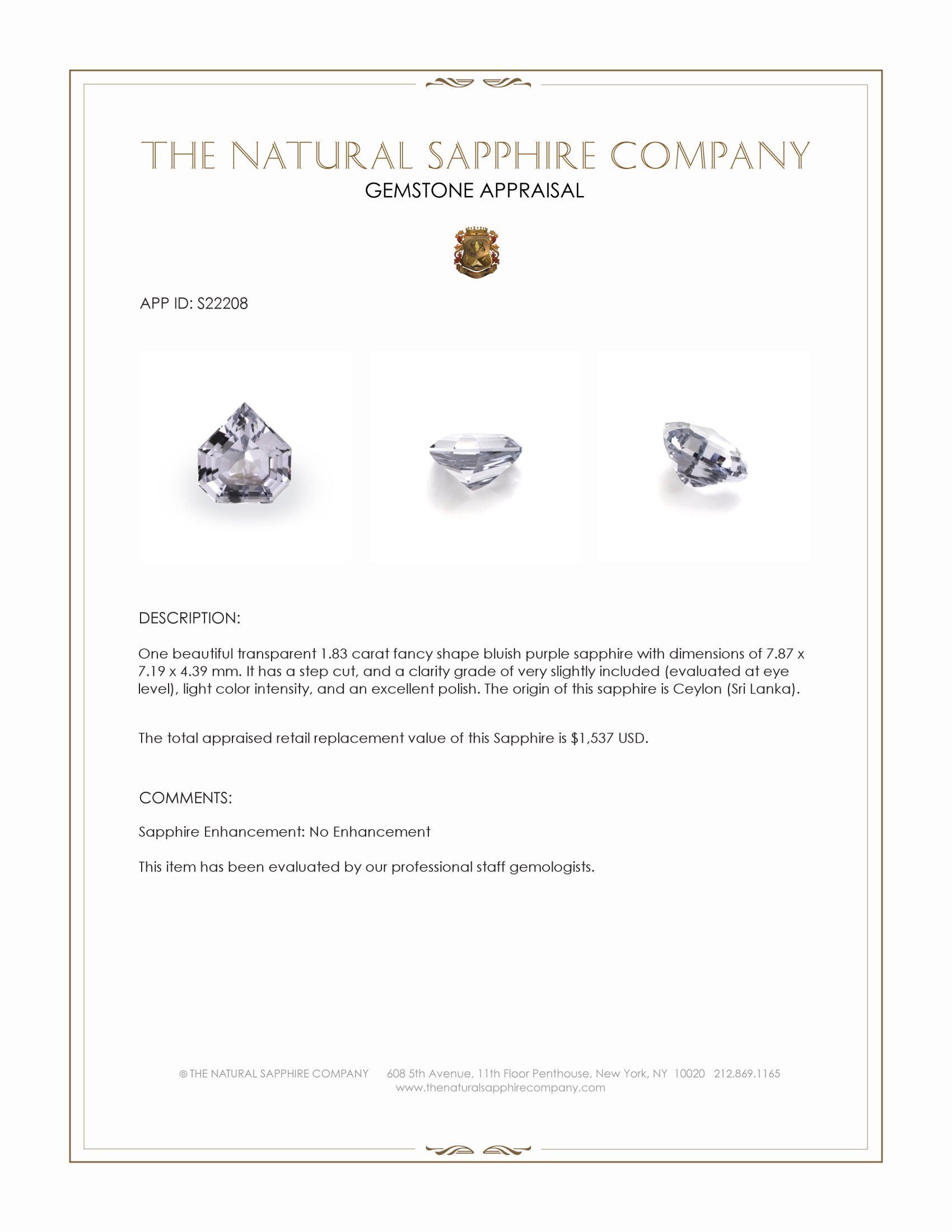 1.83 Ct. Bluish Purple Sapphire from Ceylon (Sri Lanka)