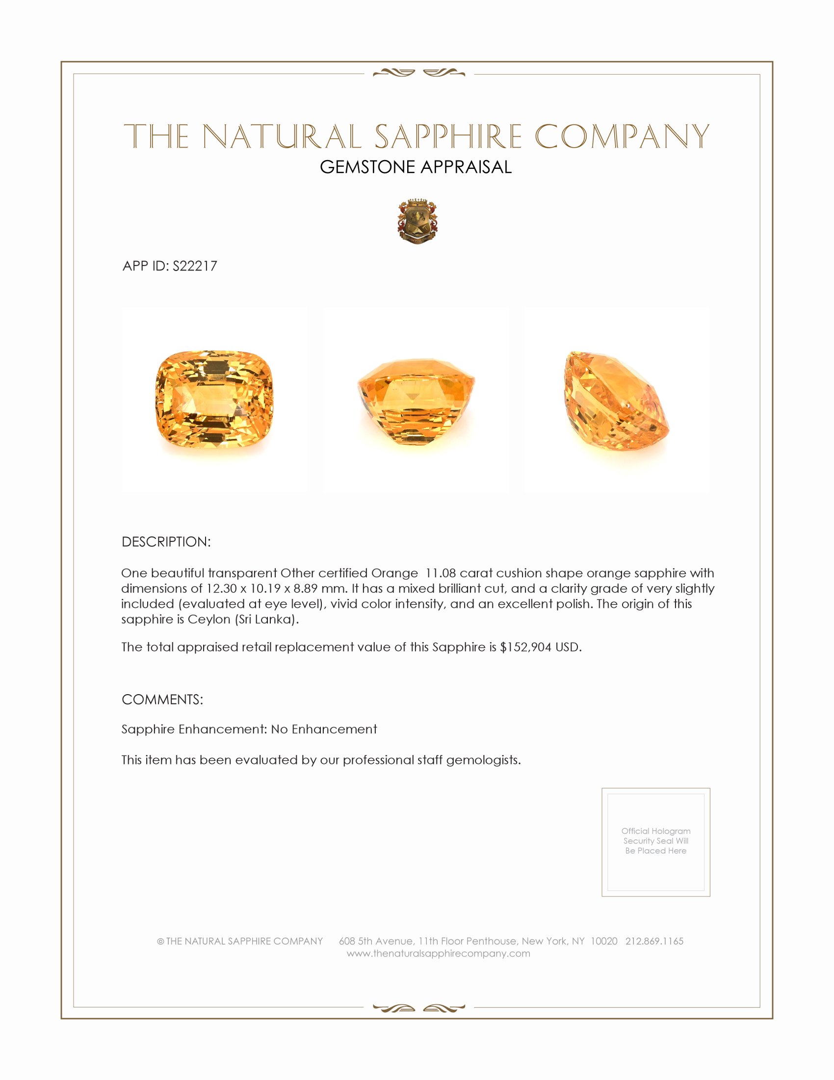 11.08 Ct. Orange Sapphire from Ceylon (Sri Lanka)