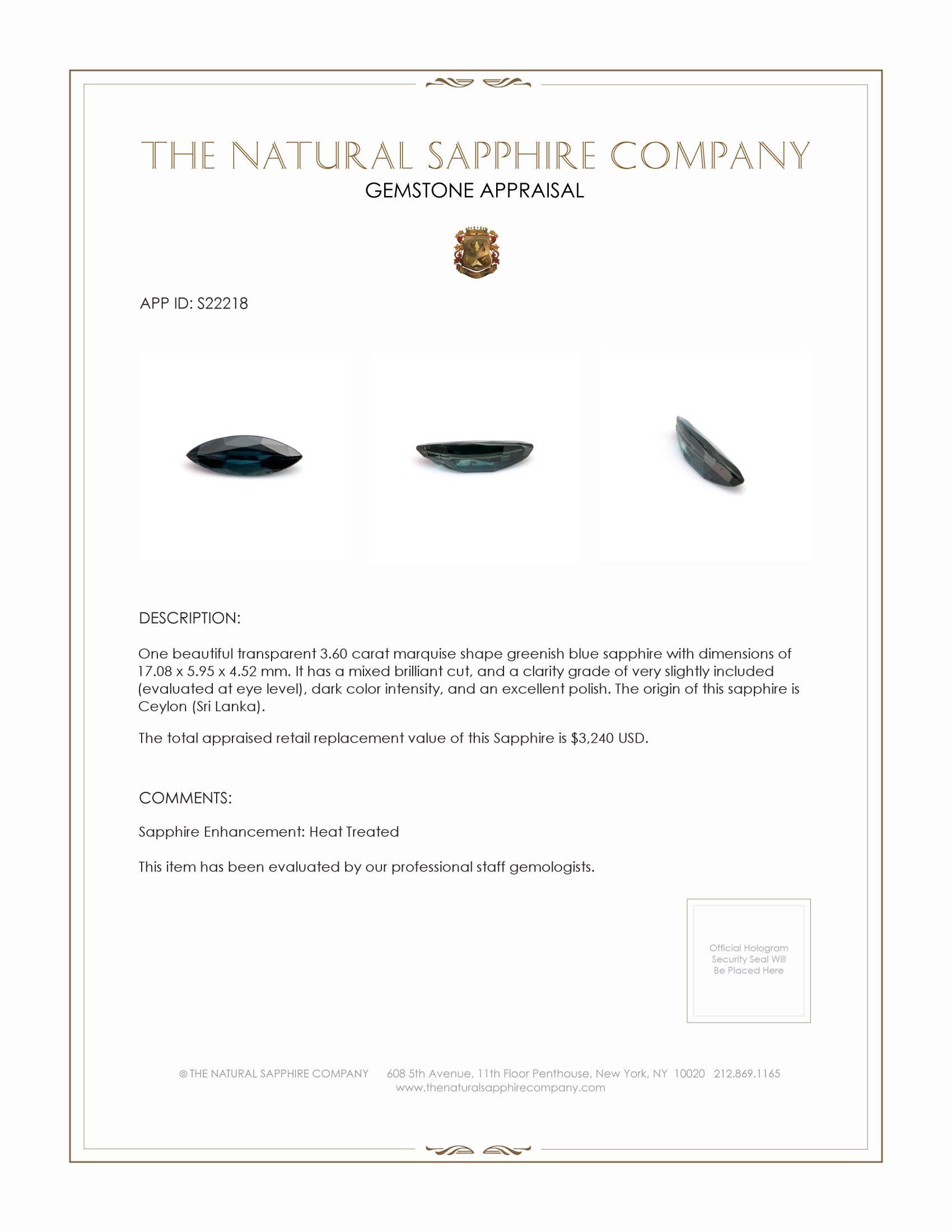 3.60 Ct. Greenish Blue Sapphire from Ceylon (Sri Lanka)