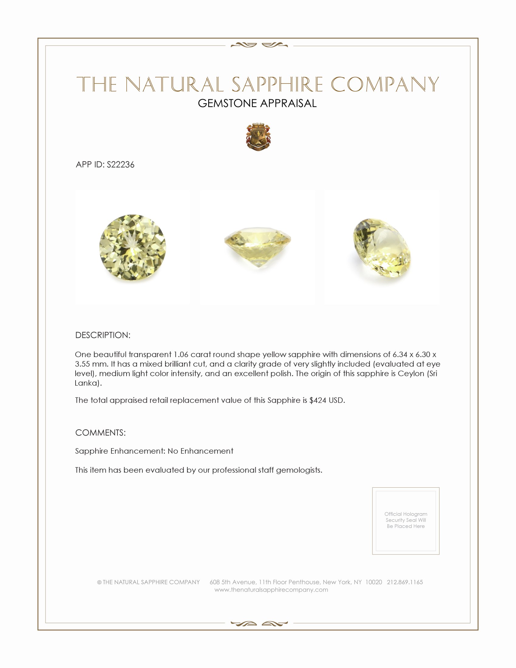 1.06 Ct. Yellow Sapphire from Ceylon (Sri Lanka)