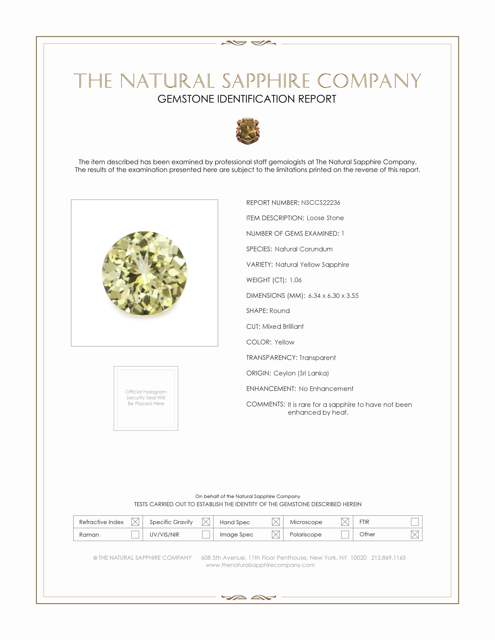 1.06 Ct. Yellow Sapphire from Ceylon (Sri Lanka)