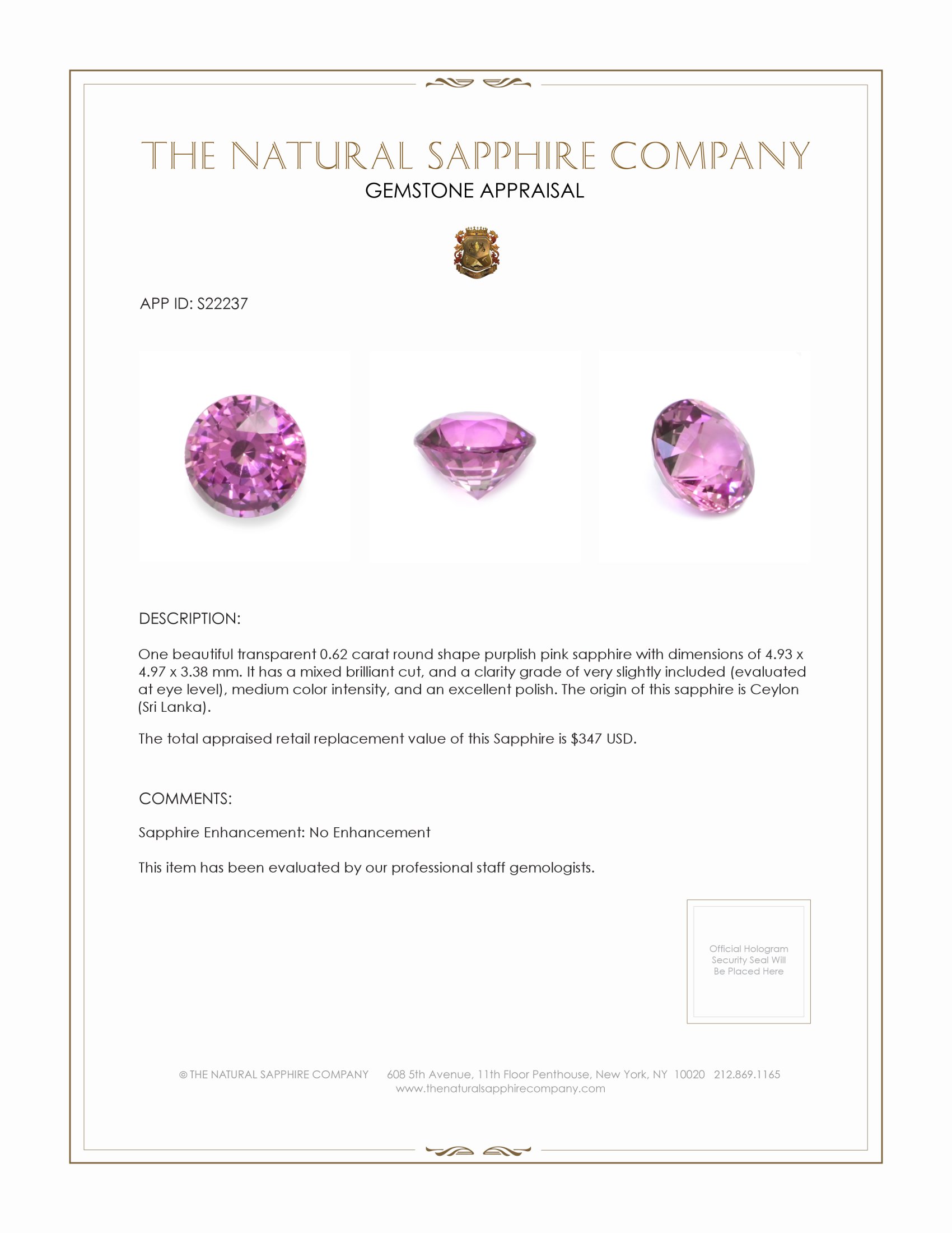0.62 Ct. Purplish Pink Sapphire from Ceylon (Sri Lanka)