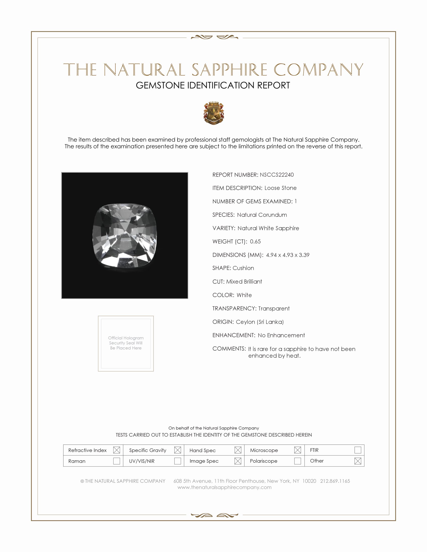 0.65 Ct. White Sapphire from Ceylon (Sri Lanka)
