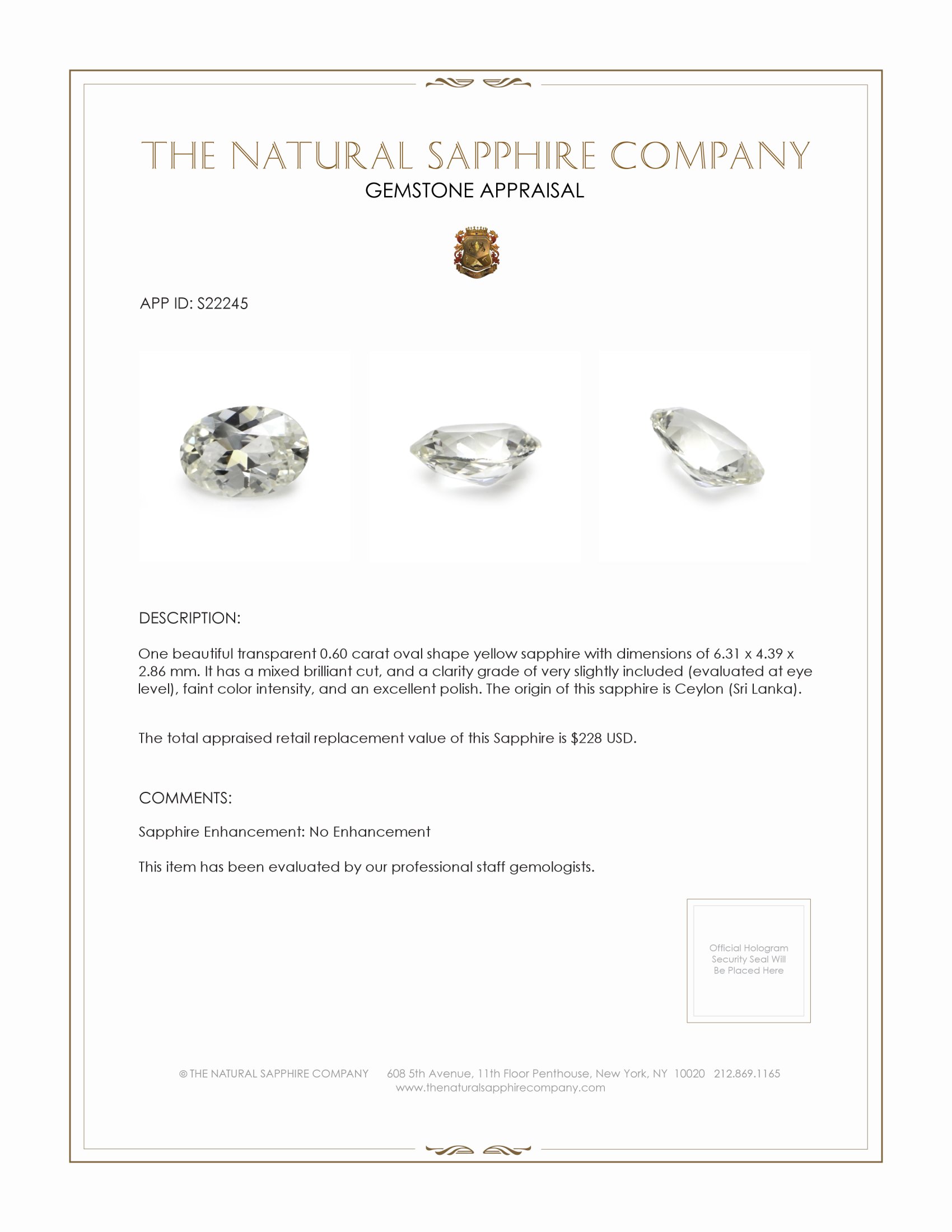 0.60 Ct. Yellow Sapphire from Ceylon (Sri Lanka)