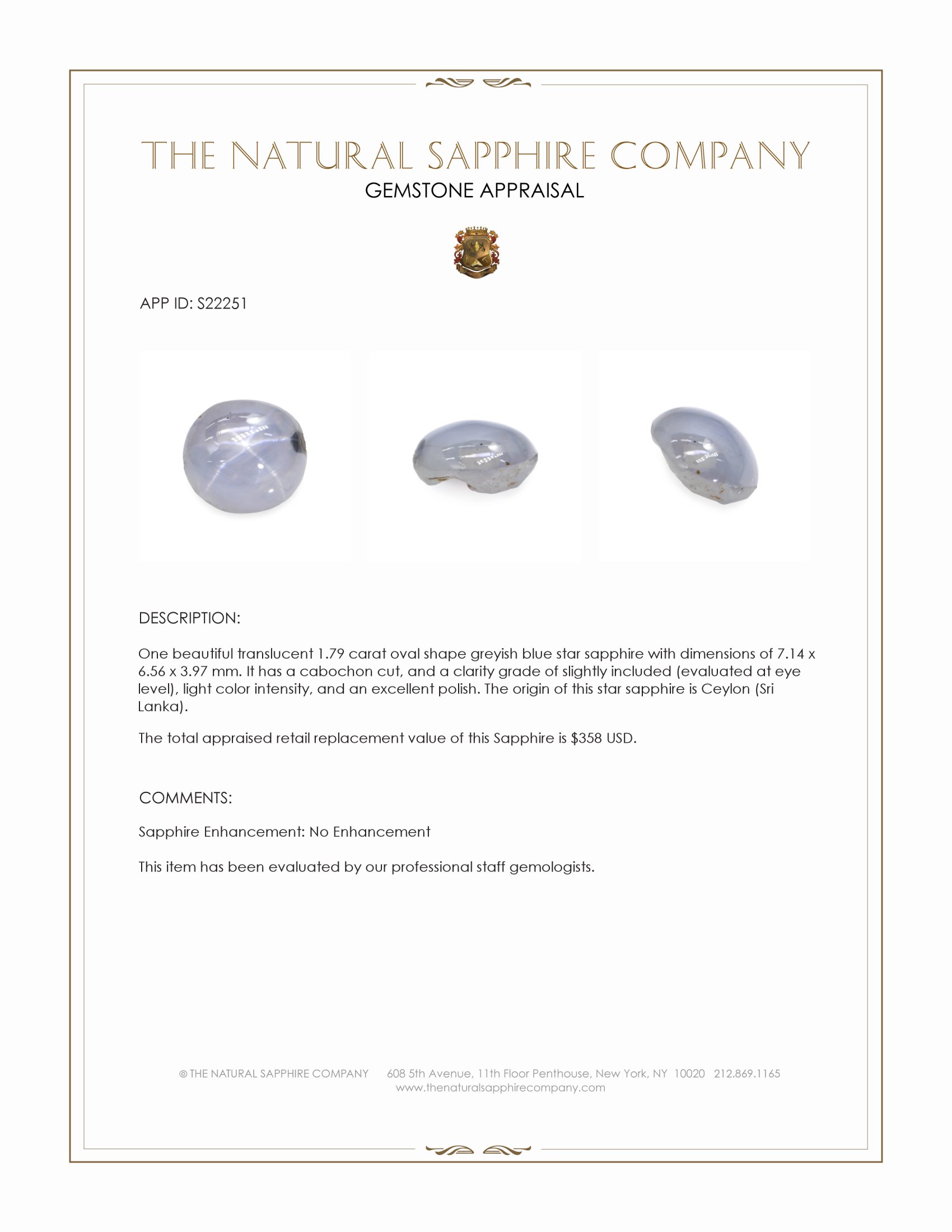 1.79 Ct. Greyish Blue Star Sapphire from Ceylon (Sri Lanka)