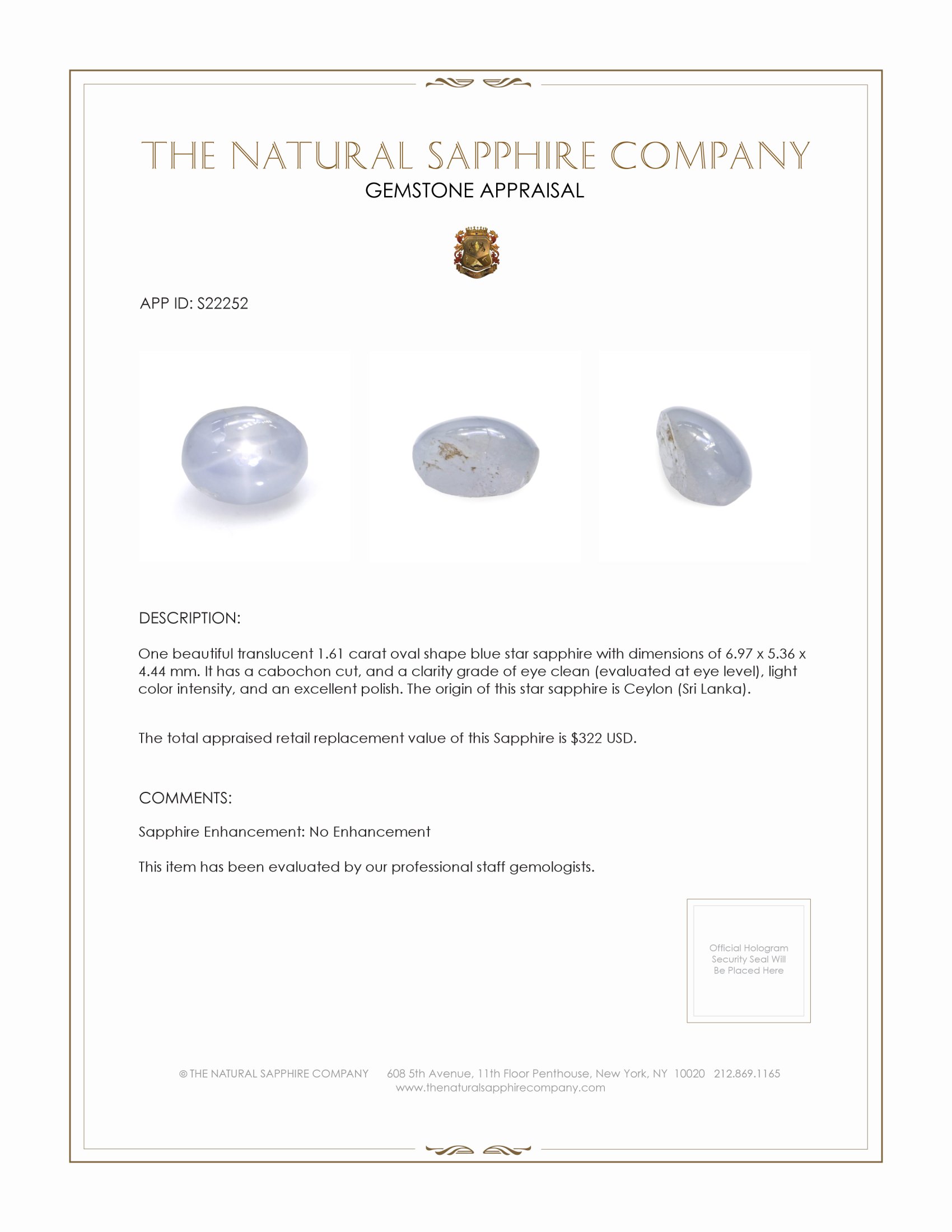 1.61 Ct. Blue Star Sapphire from Ceylon (Sri Lanka)