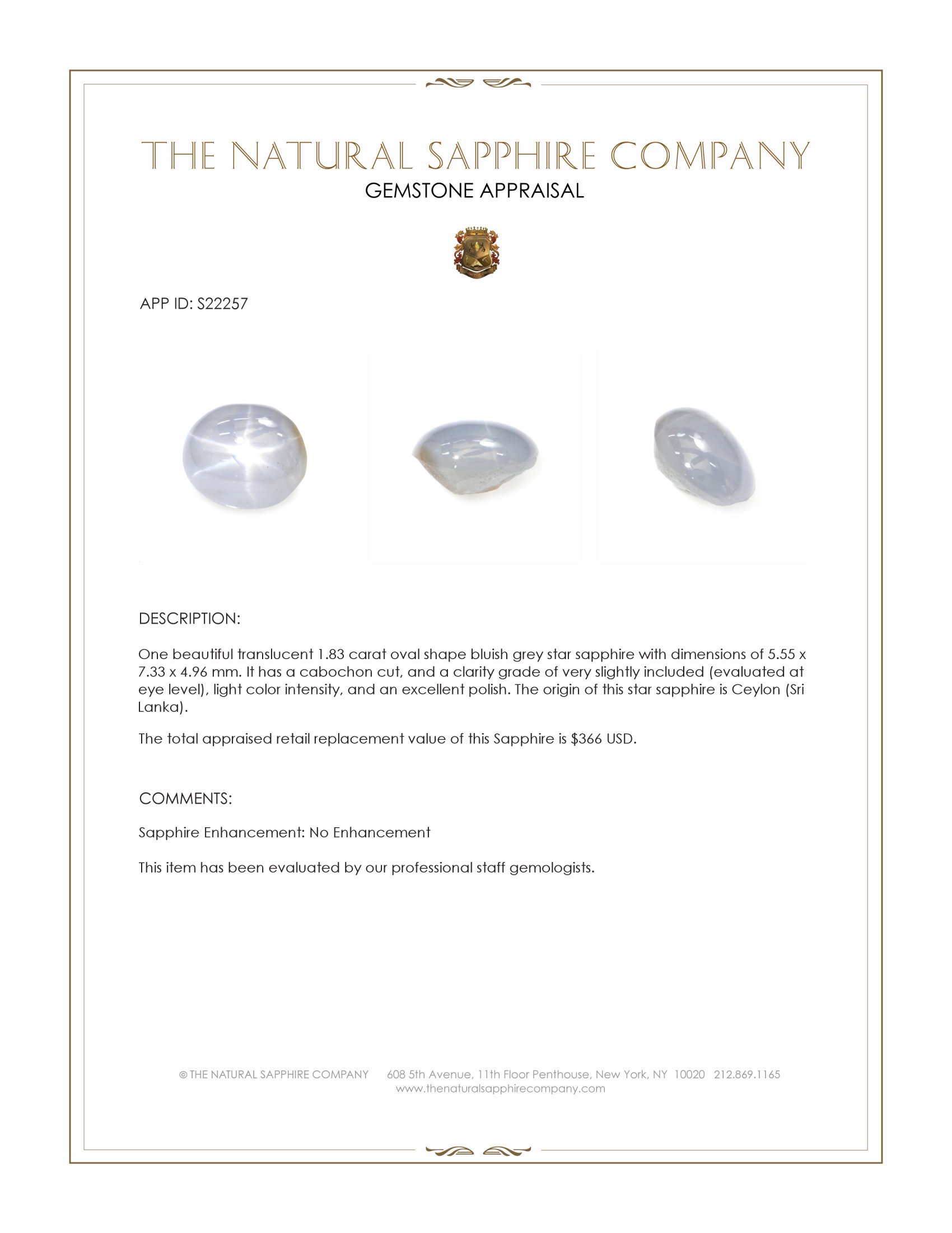 1.83 Ct. Bluish Grey Star Sapphire from Ceylon (Sri Lanka)