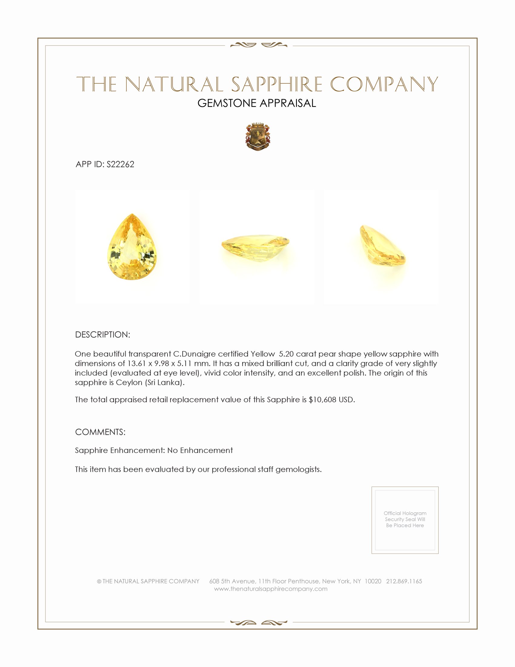 5.20 Ct. Yellow Sapphire from Ceylon (Sri Lanka)