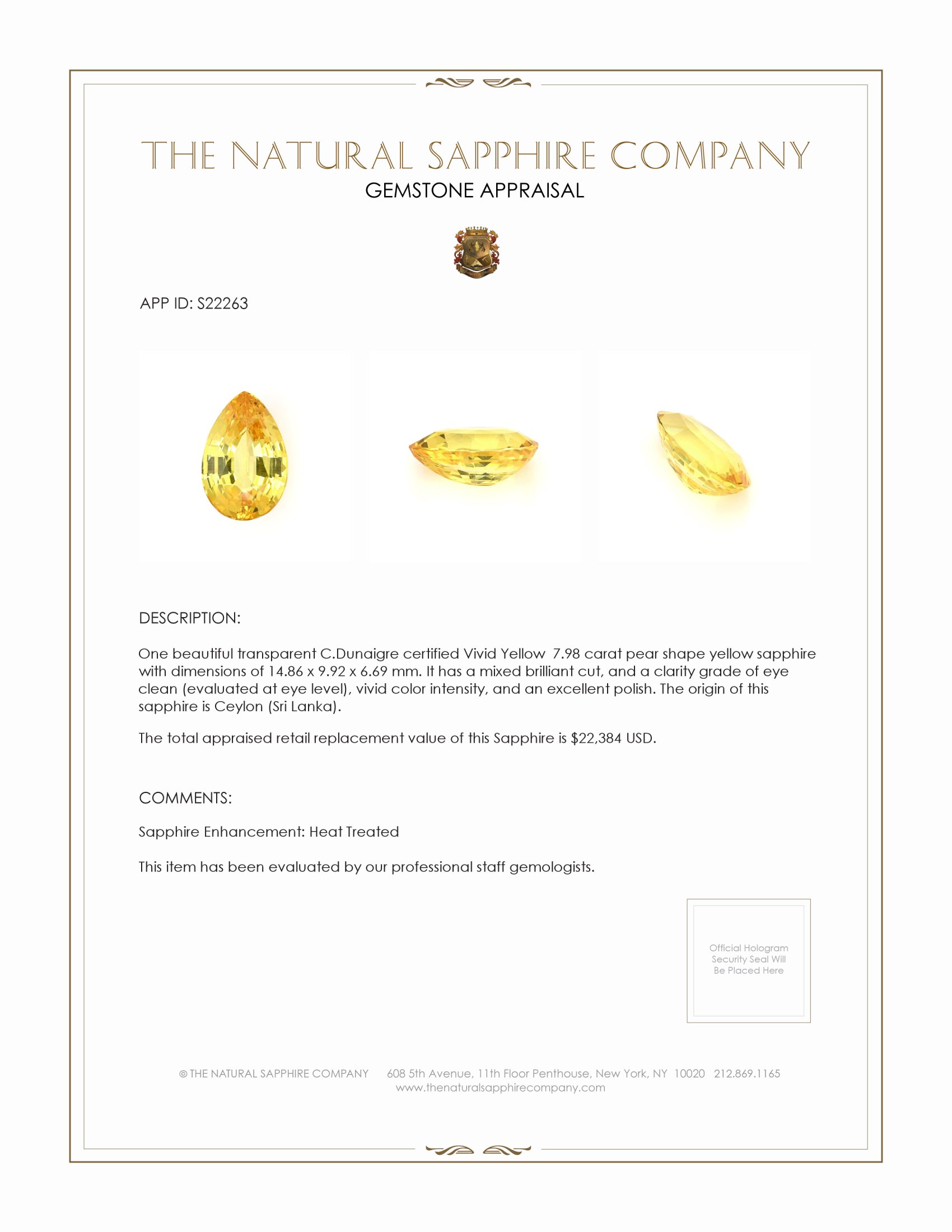 7.98 Ct. Yellow Sapphire from Ceylon (Sri Lanka)